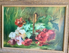Vintage English Impressionist still life of flowers, Poppies or Peonies in a landscape