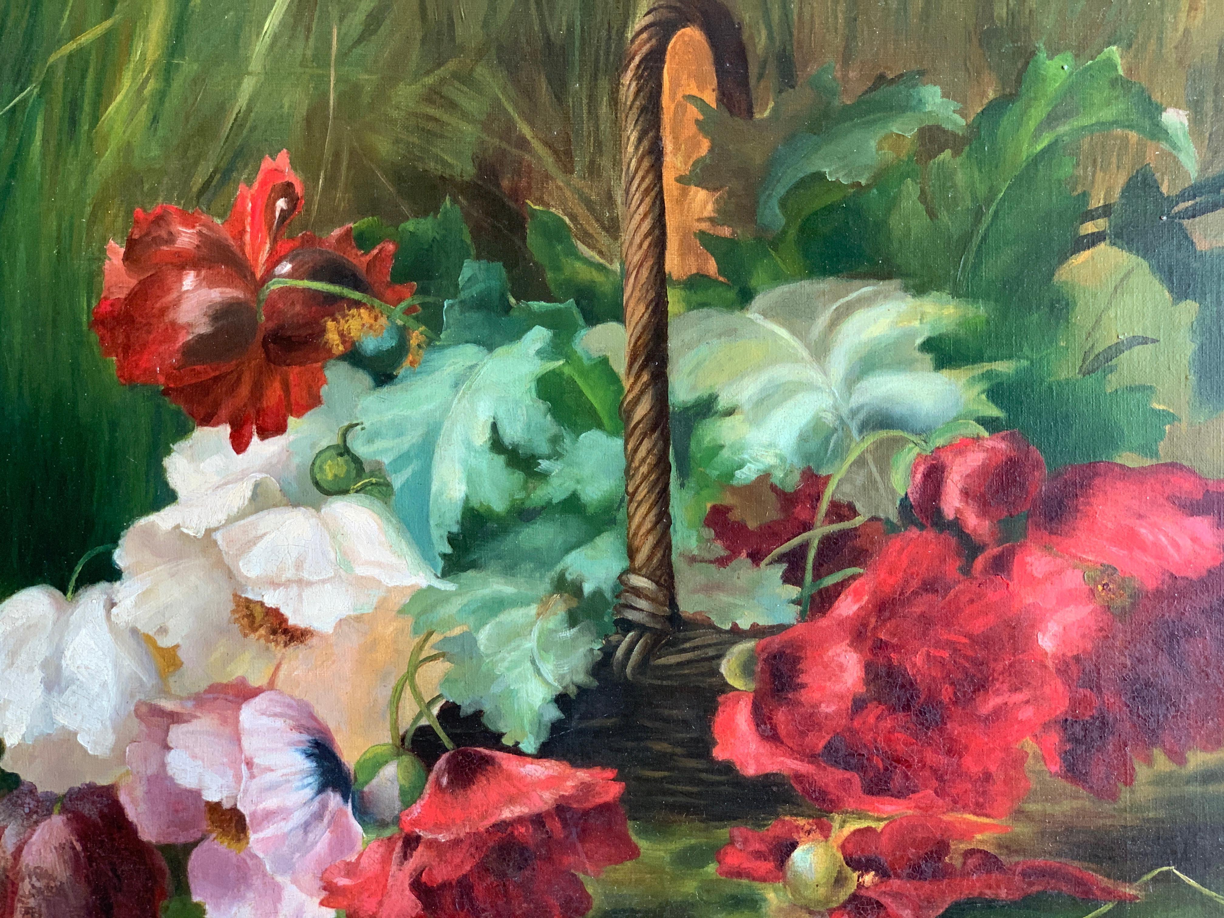 Nature morte impressionniste de fleurs, coquelicots ou pivoines dans un paysage - Impressionnisme Painting par C.Perret