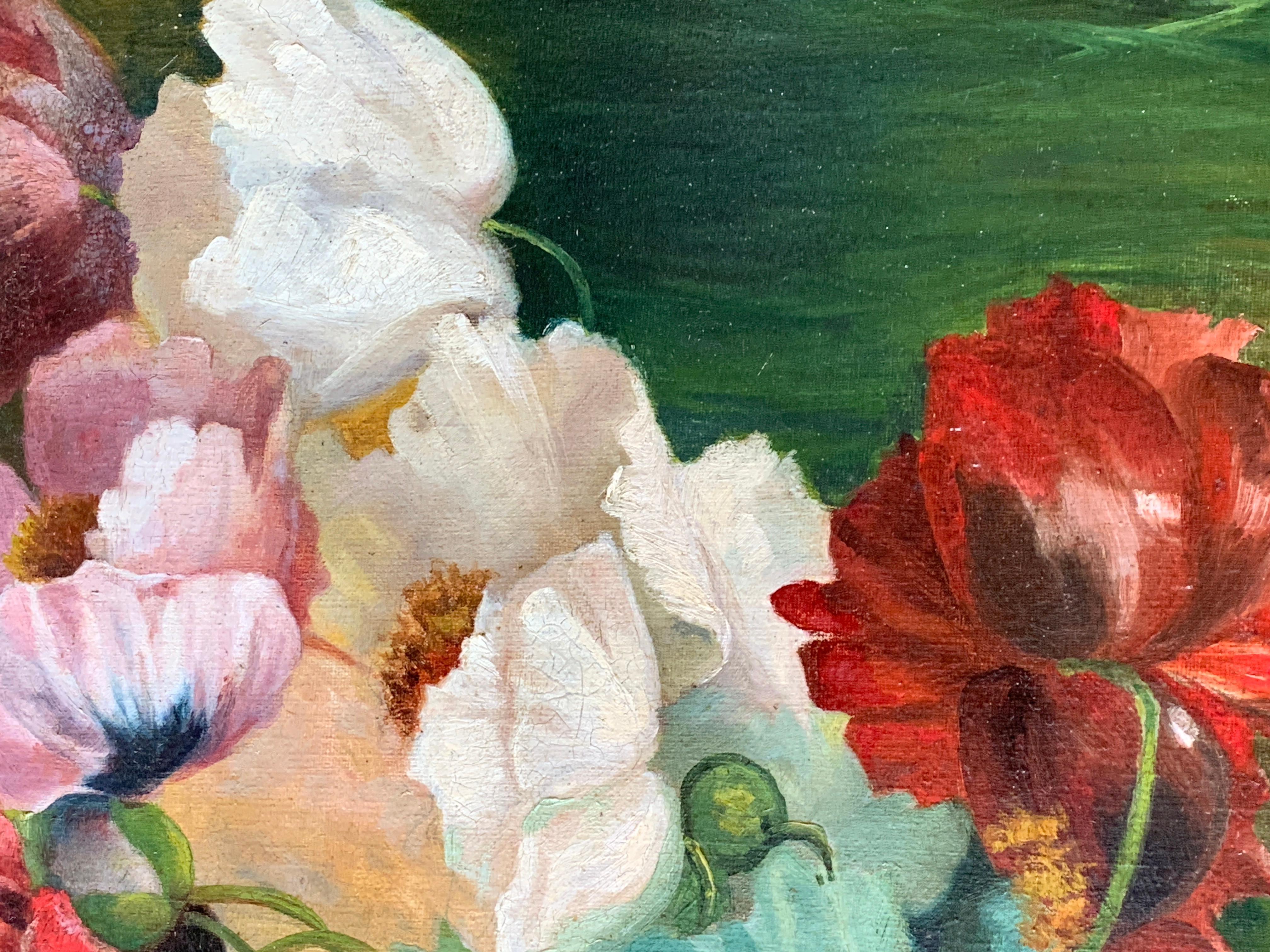 Wonderfully painted early 20th century English still life of flowers. 

The artist has painted these flowers in an Impressionist manner but with the traditional use of layers and layers of paint. Each layer building up to the final effect of the