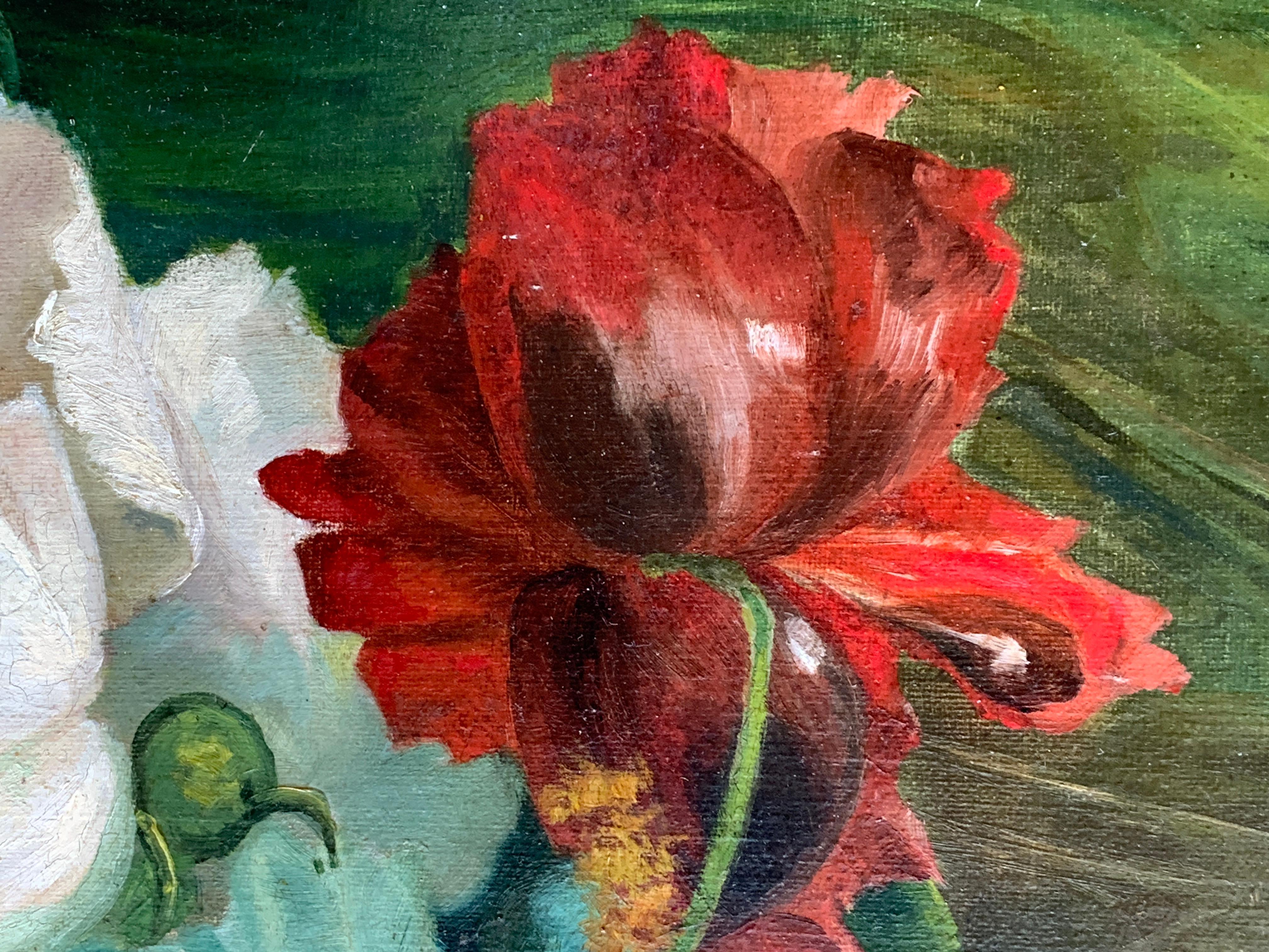 English Impressionist still life of flowers, Poppies or Peonies in a landscape For Sale 2