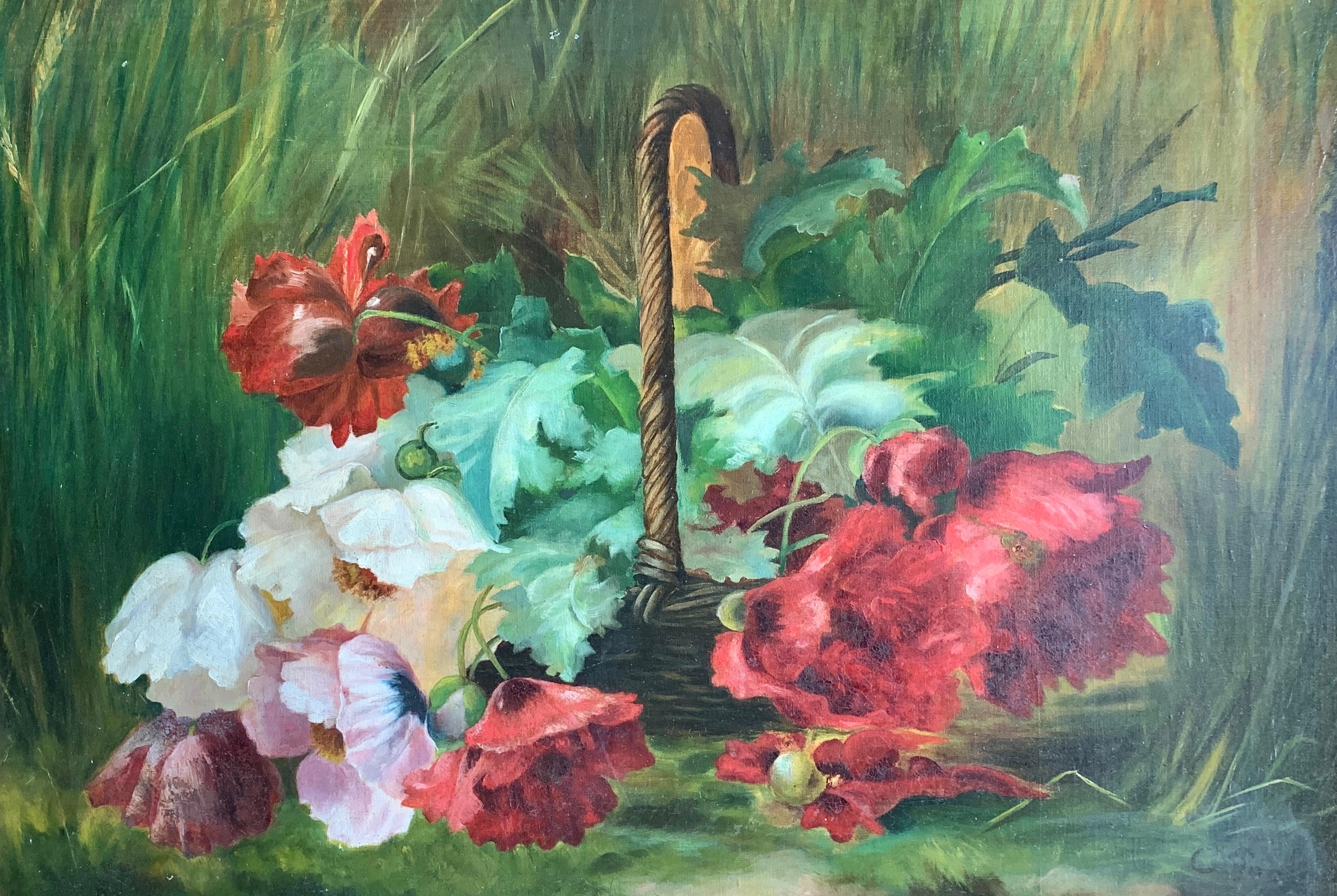 Nature morte impressionniste de fleurs, coquelicots ou pivoines dans un paysage - Painting de C.Perret