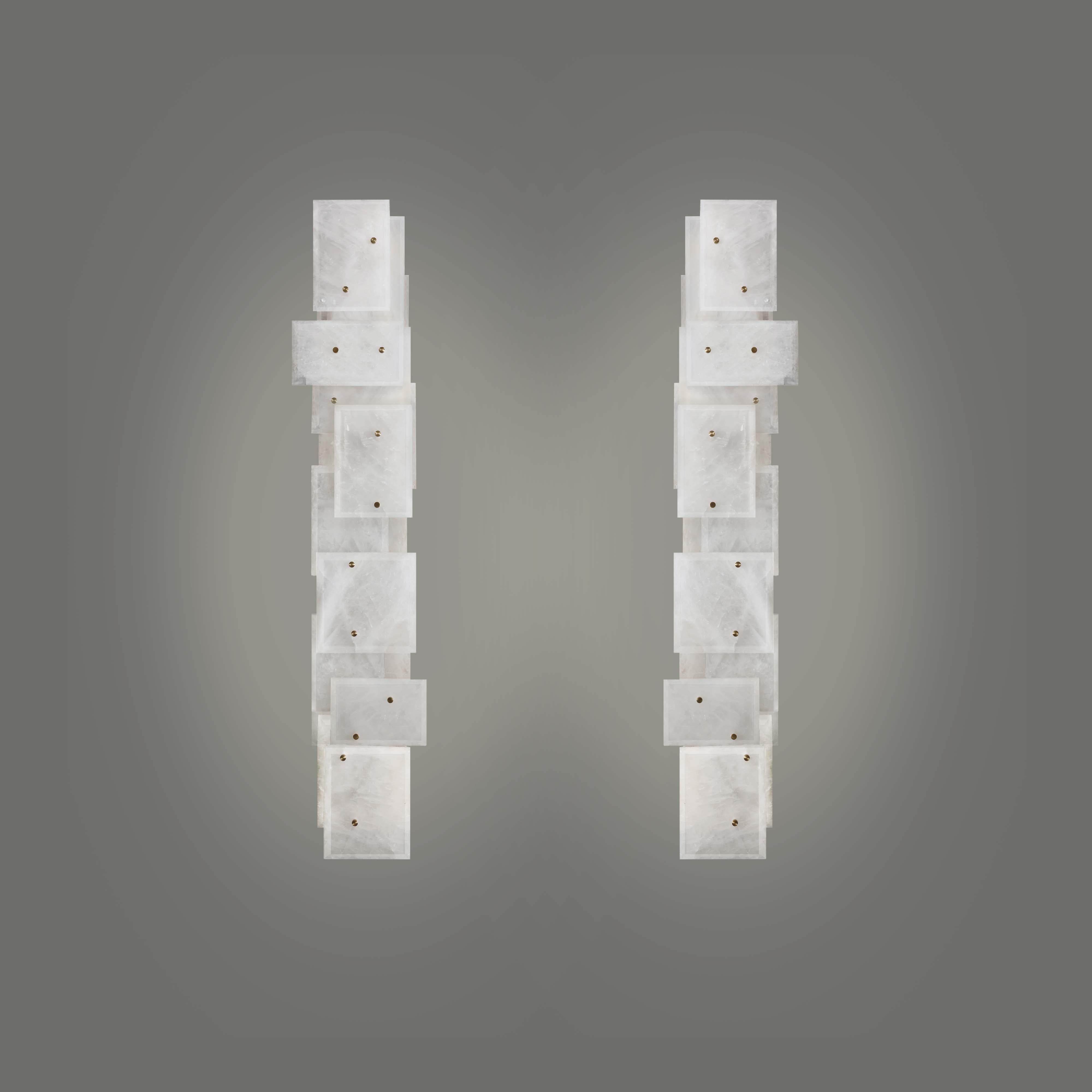 Pair of modern rock crystal quartz sconces with multiple panels decorations in brushed brass finish. Created by Phoenix Gallery
 Each sconce installed four E12 sockets, use four 60watts Led warm light bulbs, 240watts total. Custom size and finish