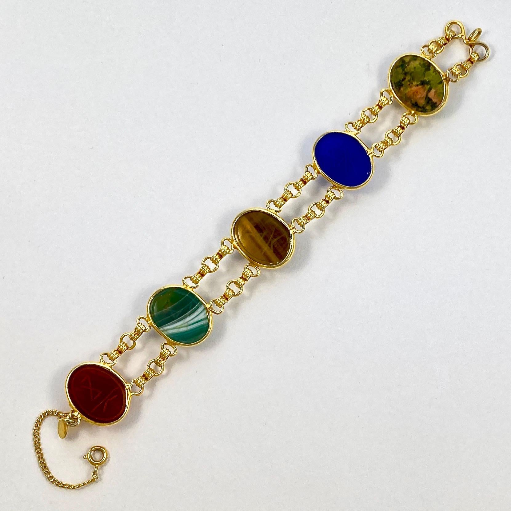 CR Co 12K Gold Filled Large Semi Precious Stone Scarab Link Bracelet circa 1950s In Good Condition In London, GB