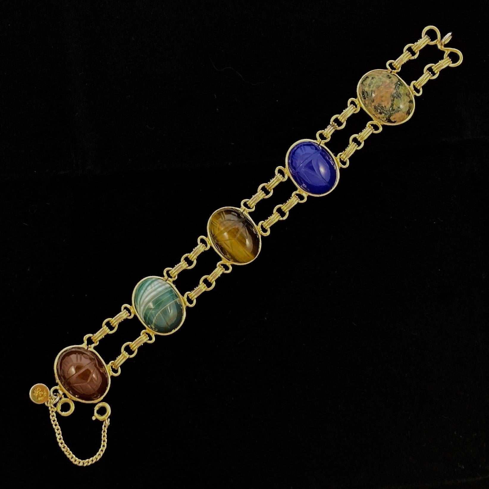 Women's or Men's CR Co 12K Gold Filled Large Semi Precious Stone Scarab Link Bracelet circa 1950s
