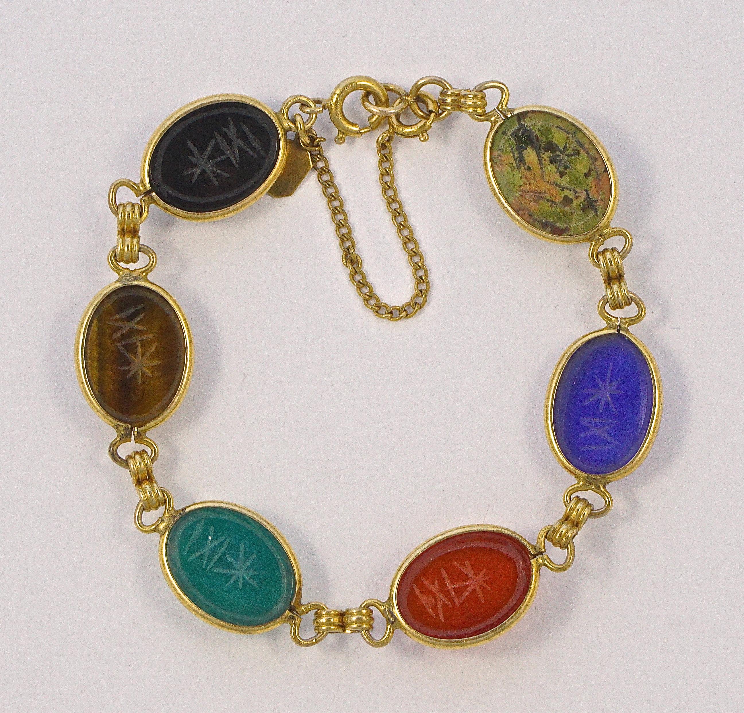CR Co 12K Gold Filled Semi Precious Stones Scarab Link Bracelet circa 1950s In Good Condition In London, GB