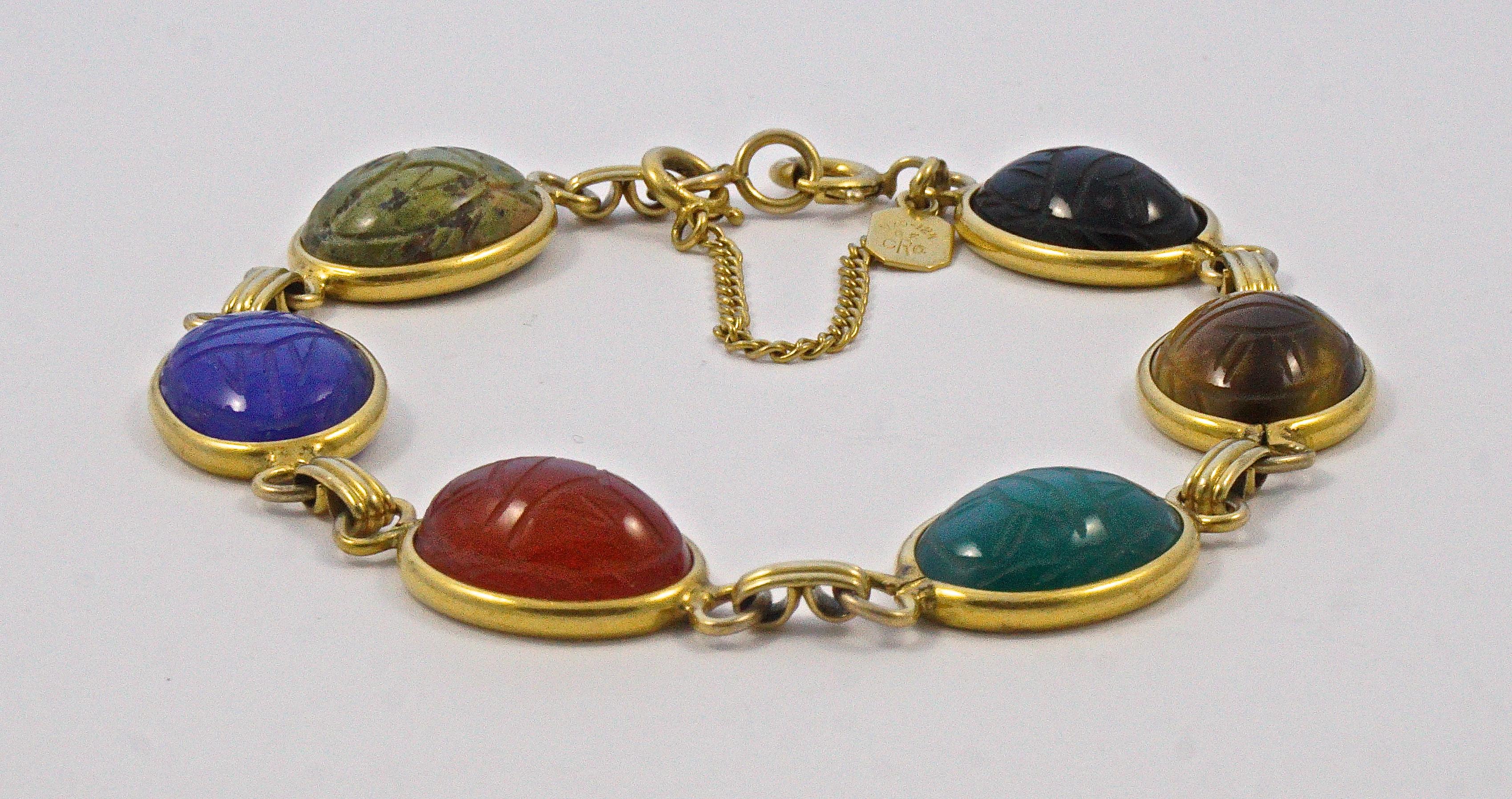 Women's or Men's CR Co 12K Gold Filled Semi Precious Stones Scarab Link Bracelet circa 1950s