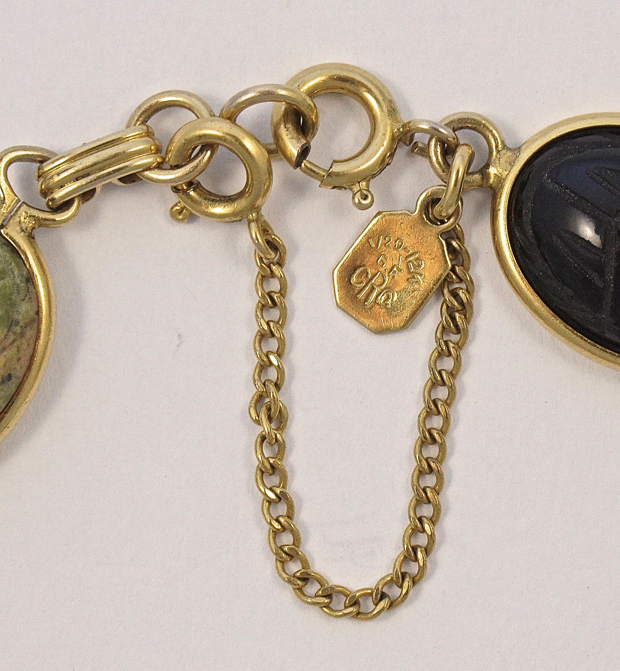 CR Co 12K Gold Filled Semi Precious Stones Scarab Link Bracelet circa 1950s 2