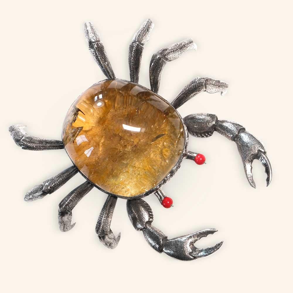 Portuguese Crab by Alcino Silversmith Handcrafted in Sterling Silver with Rock Cristal