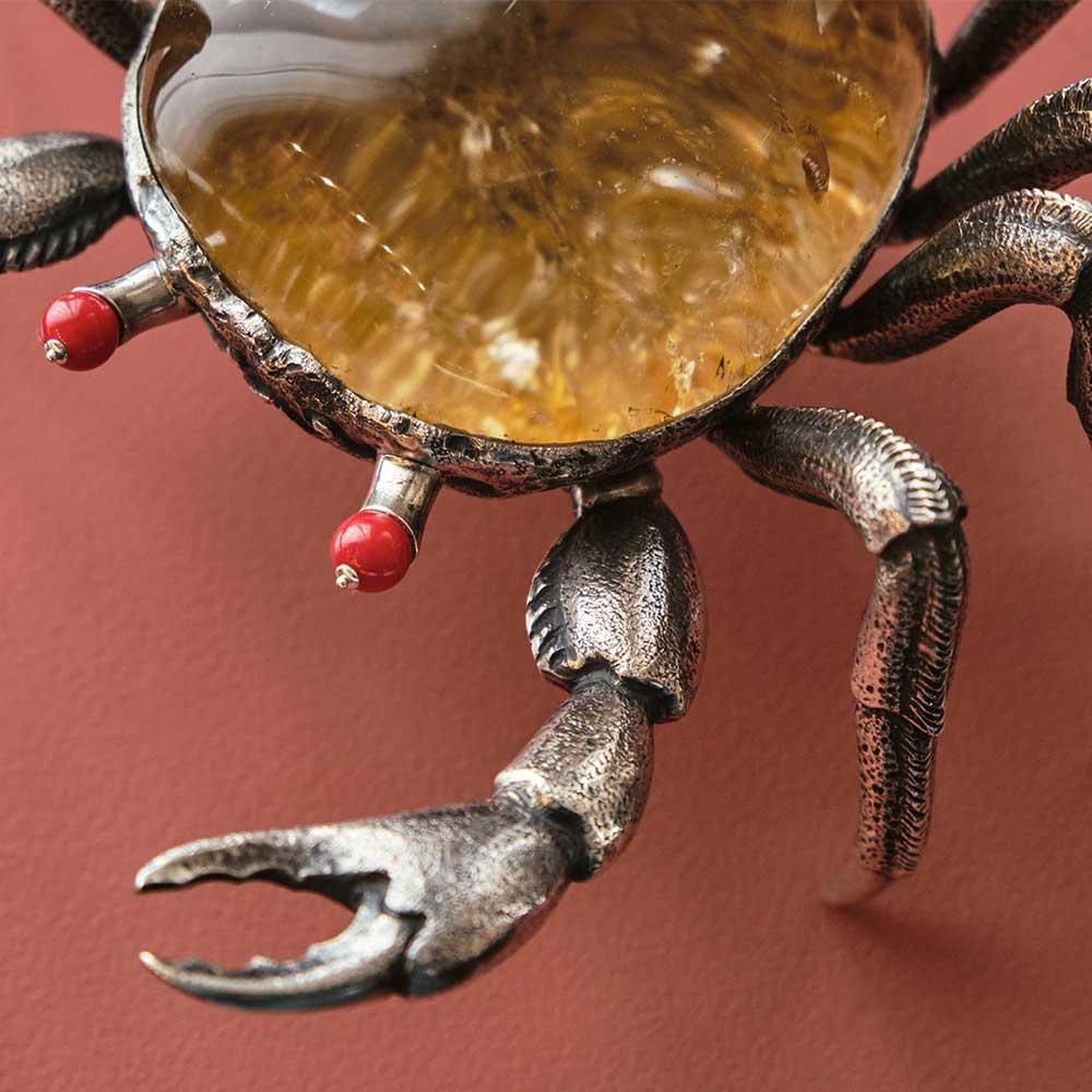 Hammered Crab by Alcino Silversmith Handcrafted in Sterling Silver with Rock Cristal