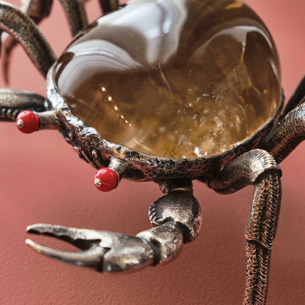 Contemporary Crab by Alcino Silversmith Handcrafted in Sterling Silver with Rock Cristal