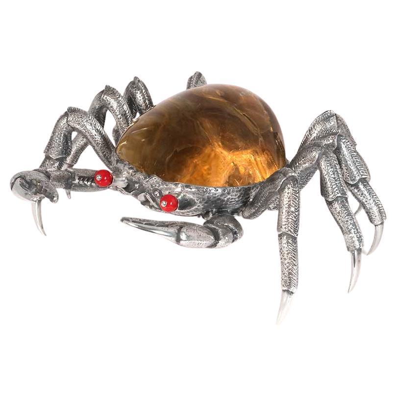 Crab by Alcino Silversmith Handcrafted in Sterling Silver with Rock Cristal
