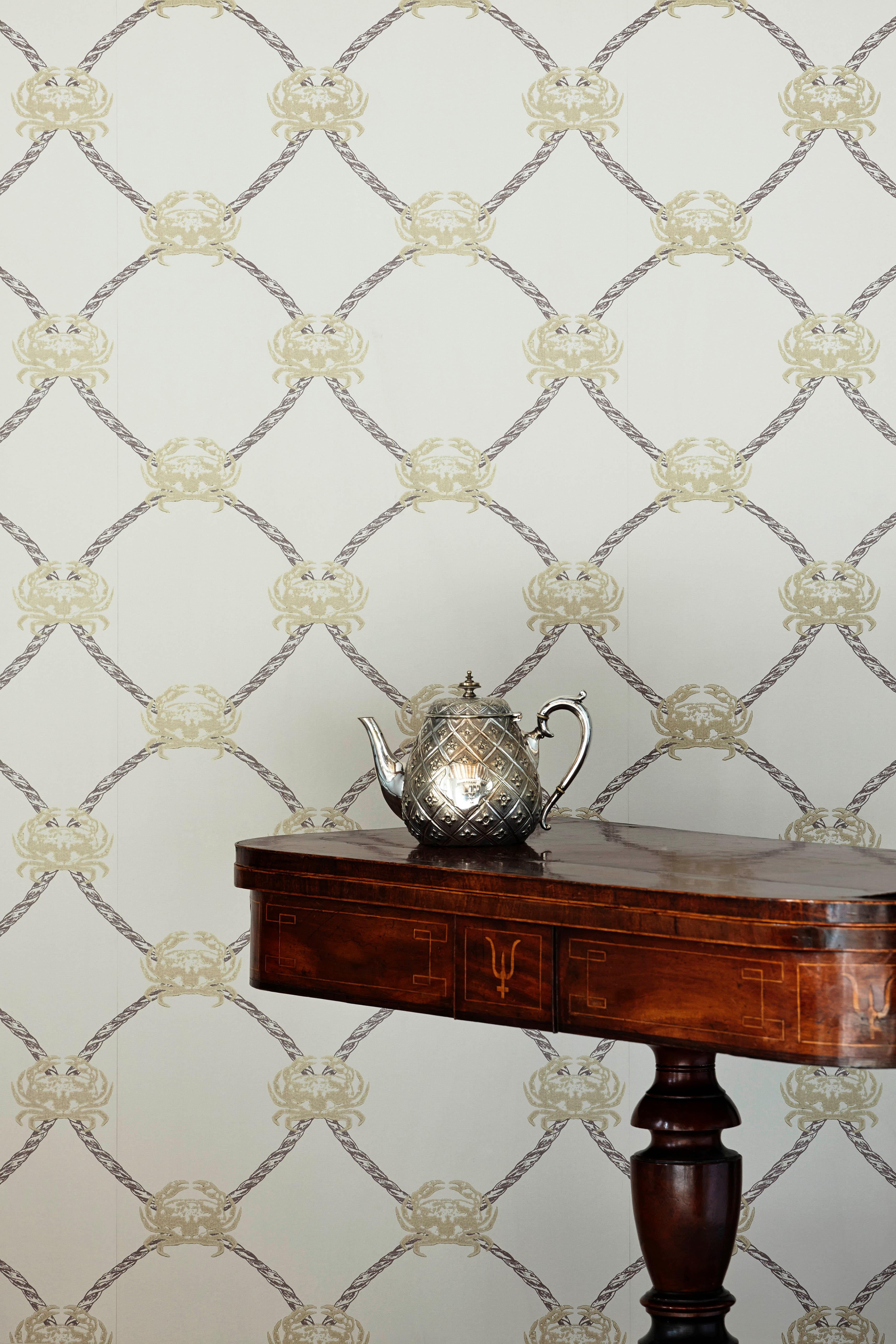 British 'Crab' Contemporary, Traditional Wallpaper in Gold/Charcoal For Sale