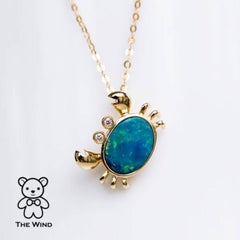 Crab Australian Doublet Opal & Diamond Eyes Pendant Necklace 14K Yellow Gold