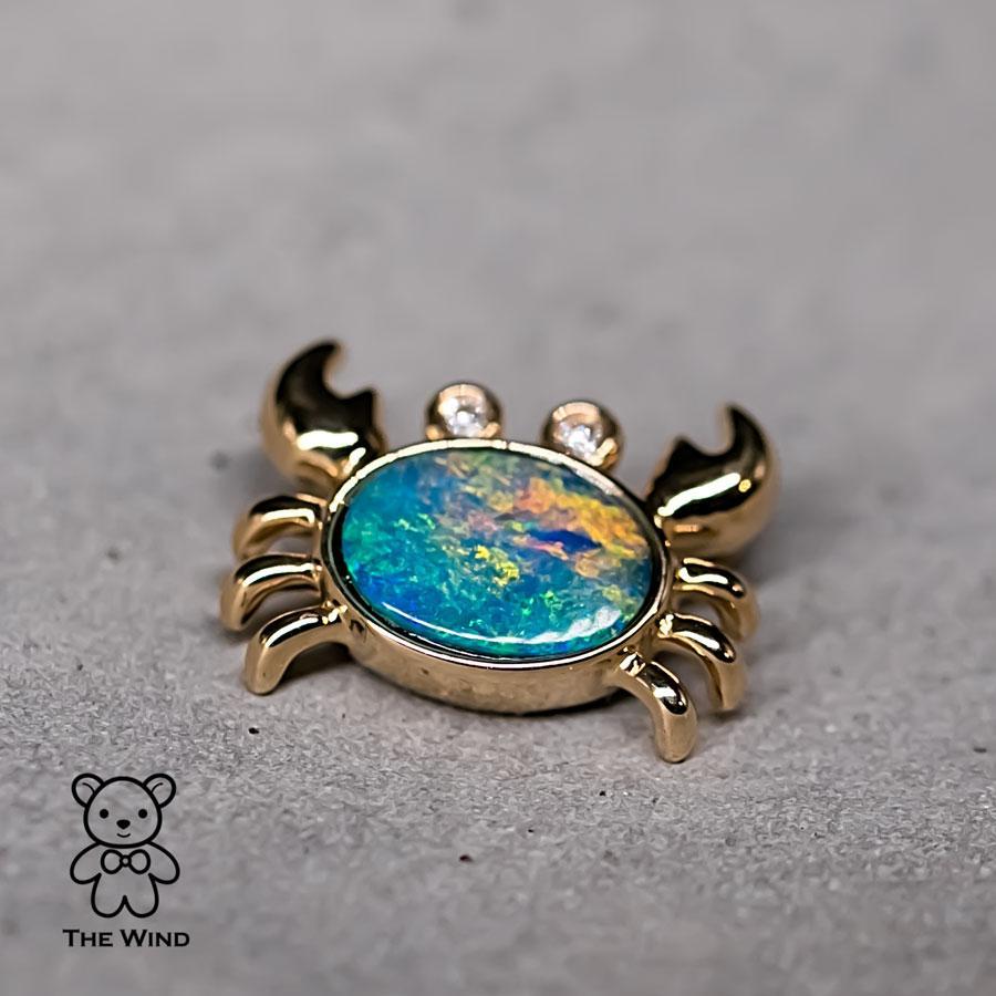 Crab Doublet Opal & Diamond 18K Yellow Gold Cancer Zodiac Pendant Necklace In New Condition In Suwanee, GA