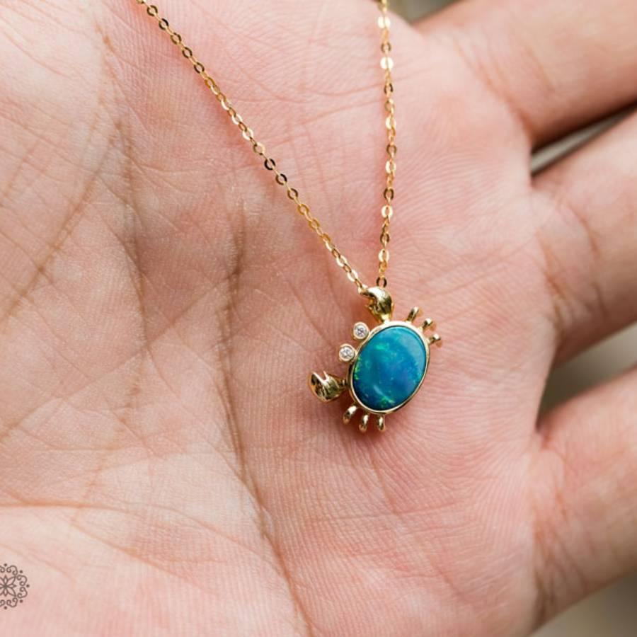 Crab Doublet Opal & Diamond 18K Yellow Gold Cancer Zodiac Pendant Necklace 2