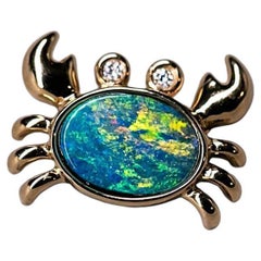 Crab Doublet Opal & Diamond 18K Yellow Gold Cancer Zodiac Pendant Necklace