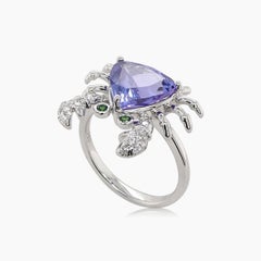 Crab Sea Cancer Diamond Pave & Blue Tanzanite 18K White Gold Animal Ring