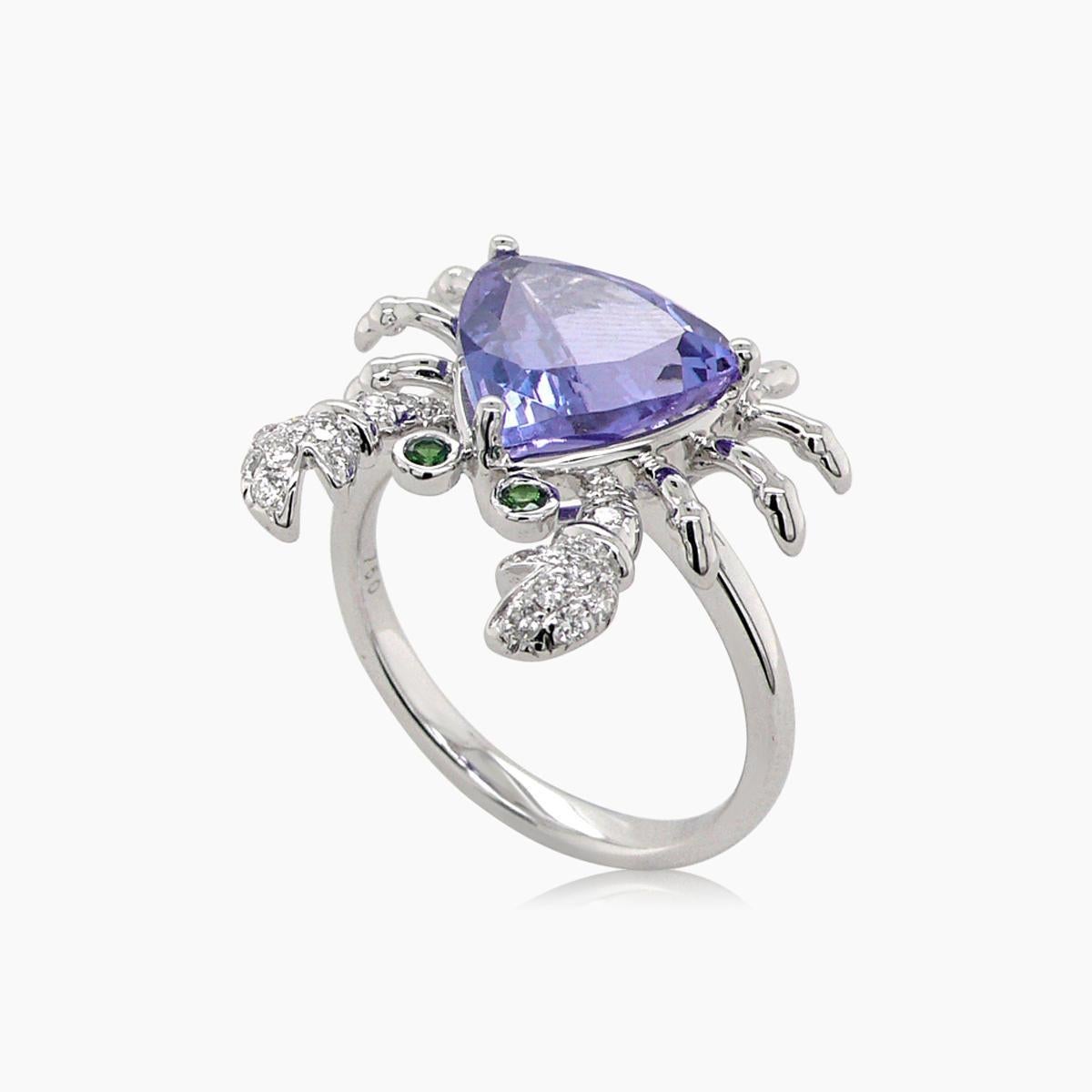 Anello con animali in oro bianco 18 carati con pavé di diamanti e tanzanite blu del Granchio del Cancro In condizioni Nuovo in vendita a Oakton, VA