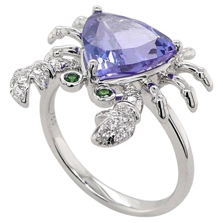 Crab Sea Cancer Diamond Pave & Blue Tanzanite 18K White Gold Animal Ring