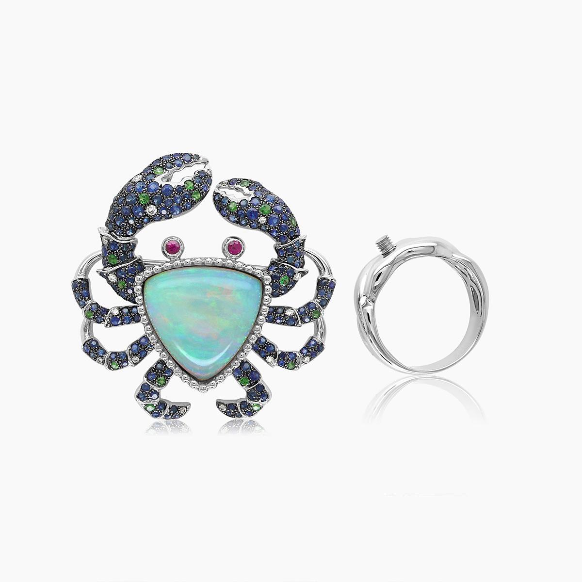Mixed Cut Crab Sea Cancer Sapphire Green Pave & Blue Opal 18K White Gold Animal Ring For Sale