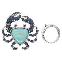 Crab Sea Cancer Sapphire Green Pave & Blue Opal 18K White Gold Animal Ring
