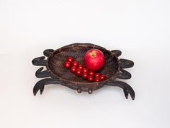 Crab-Shaped Woven Basket - Decorative Straw & Wood Basket - France 1970s