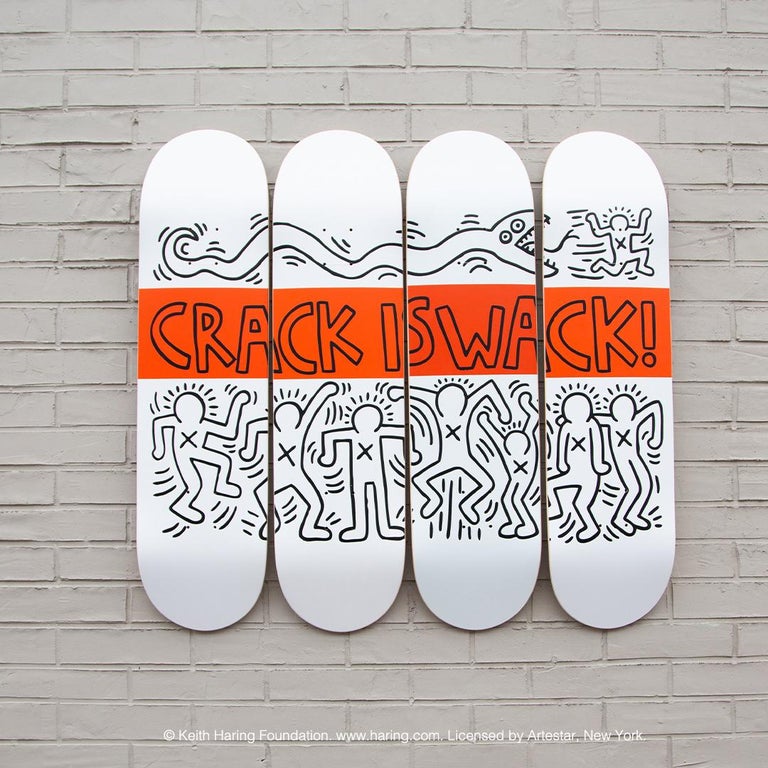 Own a piece of history with this set of skateboard decks bearing the designs of the late Keith Haring. Throughout his career, Keith Haring produced murals, sculptures, and paintings to benefit hospitals, groups for underprivileged children, and