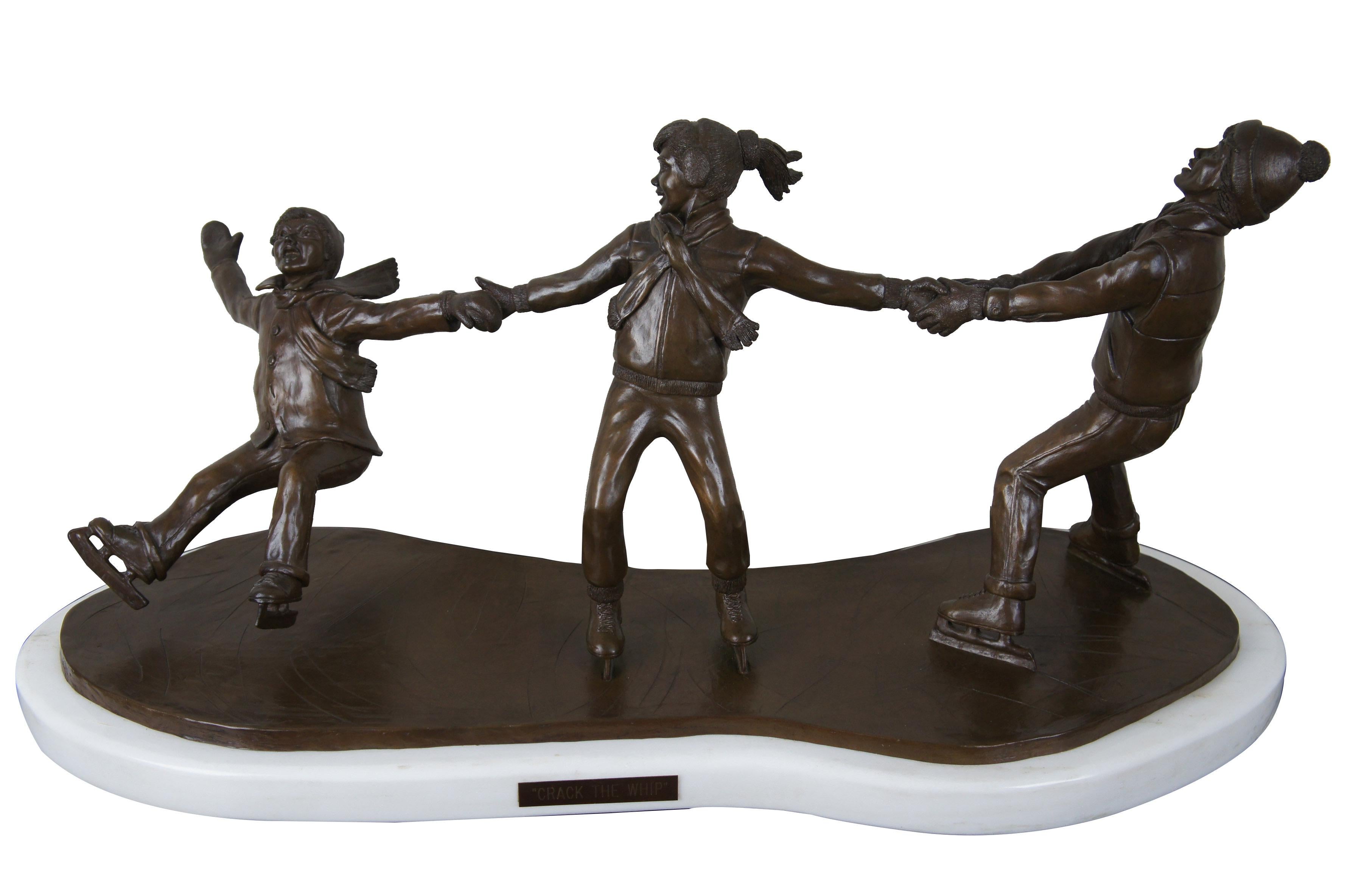 Crack the Whip by L. De Christopher 1986 bronze sculpture 3 ice skating children

A gorgeous bronze portraying a group of 3 children playing crack the whip on ice. 3/25 on marble base. 

Crack the Whip is a simple outdoor children's game that