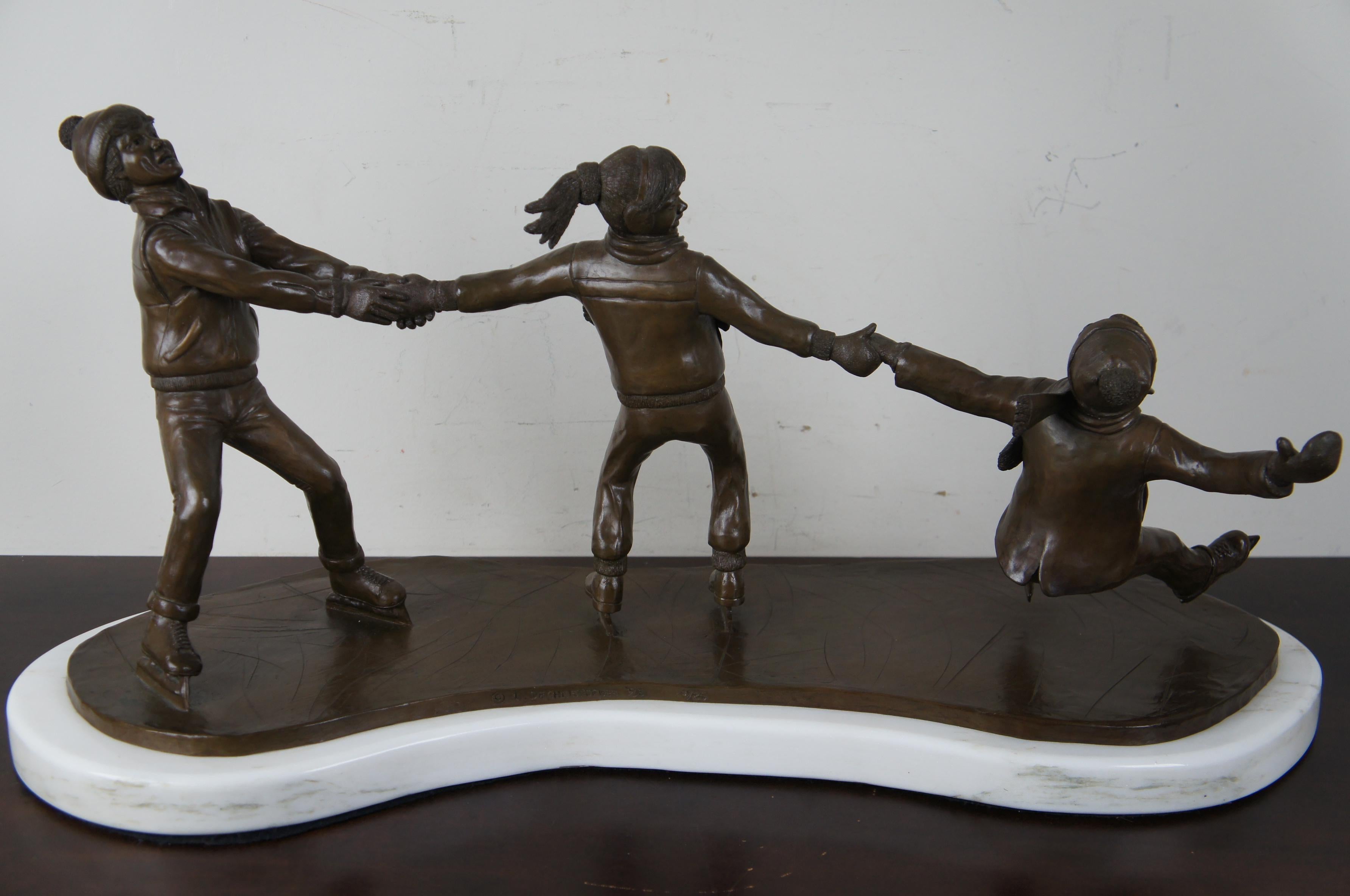 Crack the Whip by L. De Christopher 1986 Bronze Sculpture 3 Ice Skating Children 2