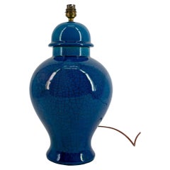 Lampada in ceramica con smalto blu incrinato, nello stile di Pol Chambost, Francia, anni '50