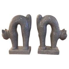 Vintage Crackled Ceramic Cat Bookends