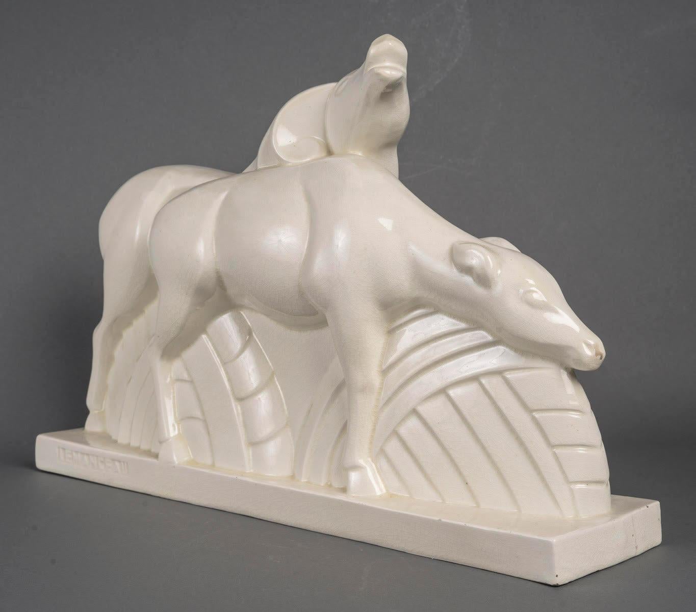 Art Deco Cracked Earthenware Sculpture, Signed LEMANCEAU, Saint Clement Stamp, Circa 1930 For Sale