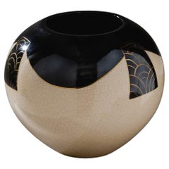 Cracked-Glaze Ceramic and Black Lacquer Ball Vase, L. Durand, 1930s