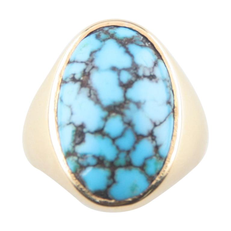 Cracked Turquoise Solitiare Cabochon Ring in Yellow Gold