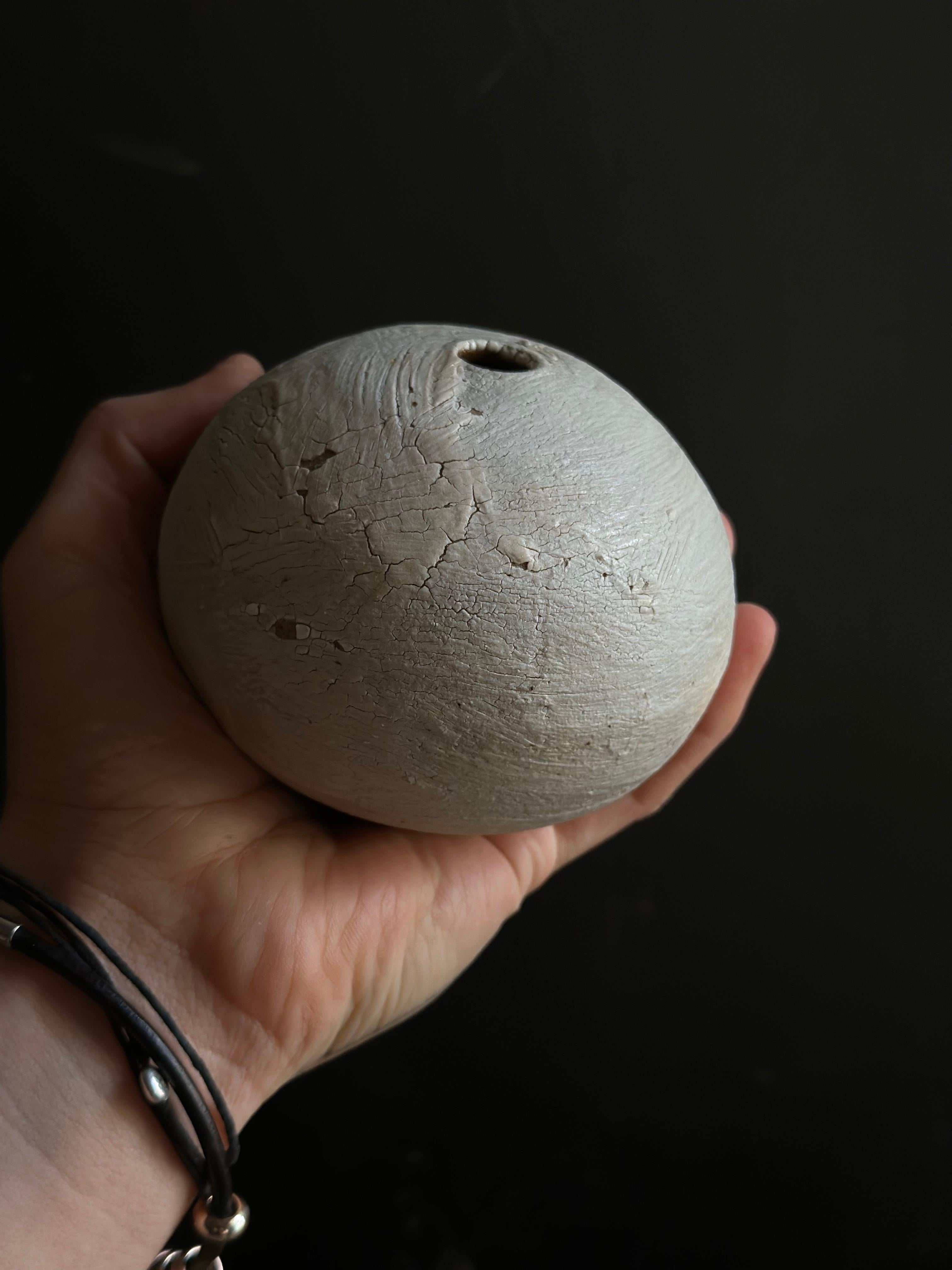 Un delicato vaso in ceramica con una superficie crepata e bianca come l'osso, ispirata ai motivi della terra cotta dal sole. La sua forma sferica minimalista e la sua texture sottile la rendono un pezzo versatile per gli interni contemporanei.