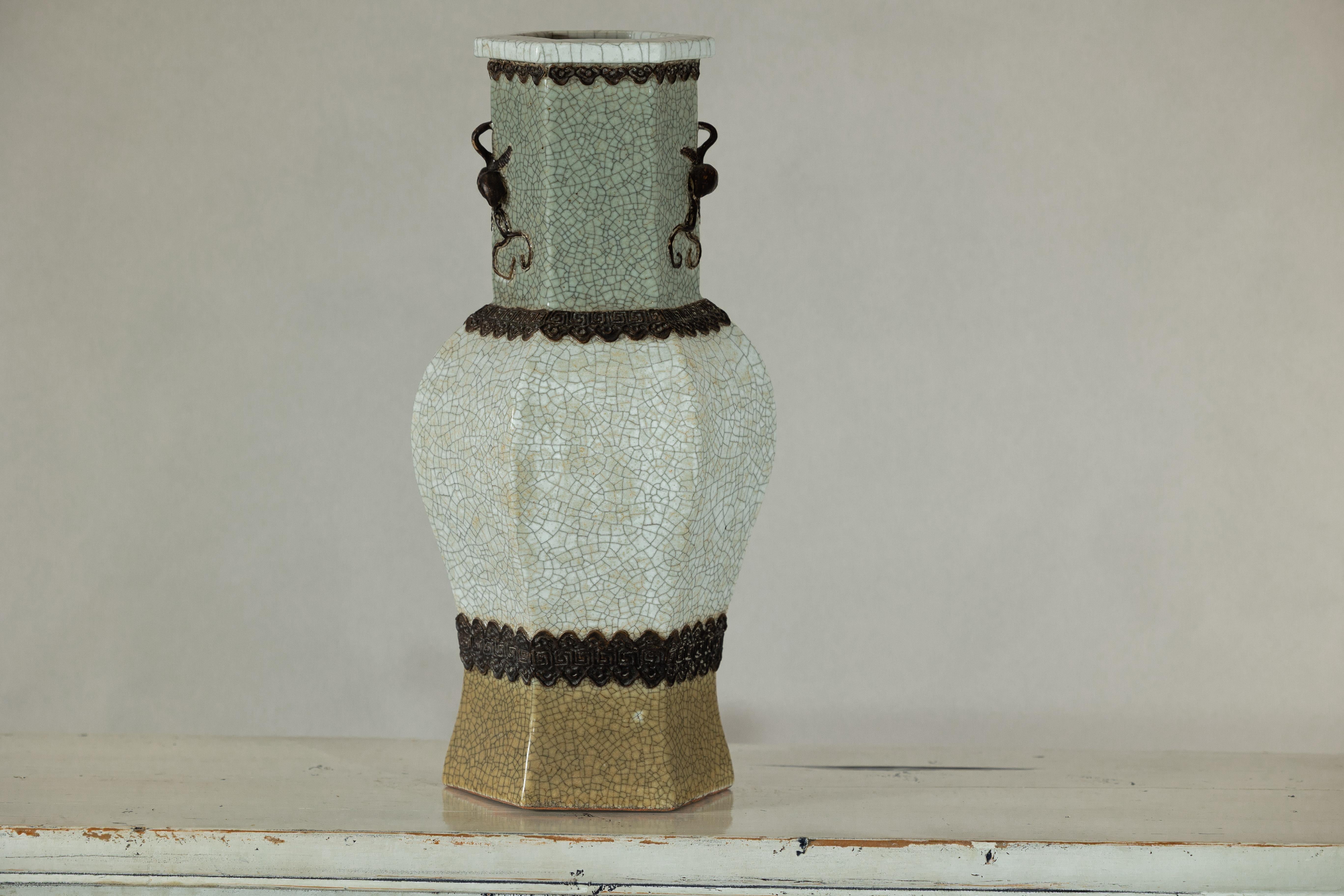 Crackle Celadon Hexagonal Vase with Greek Key and Decorative Motifs For Sale 3
