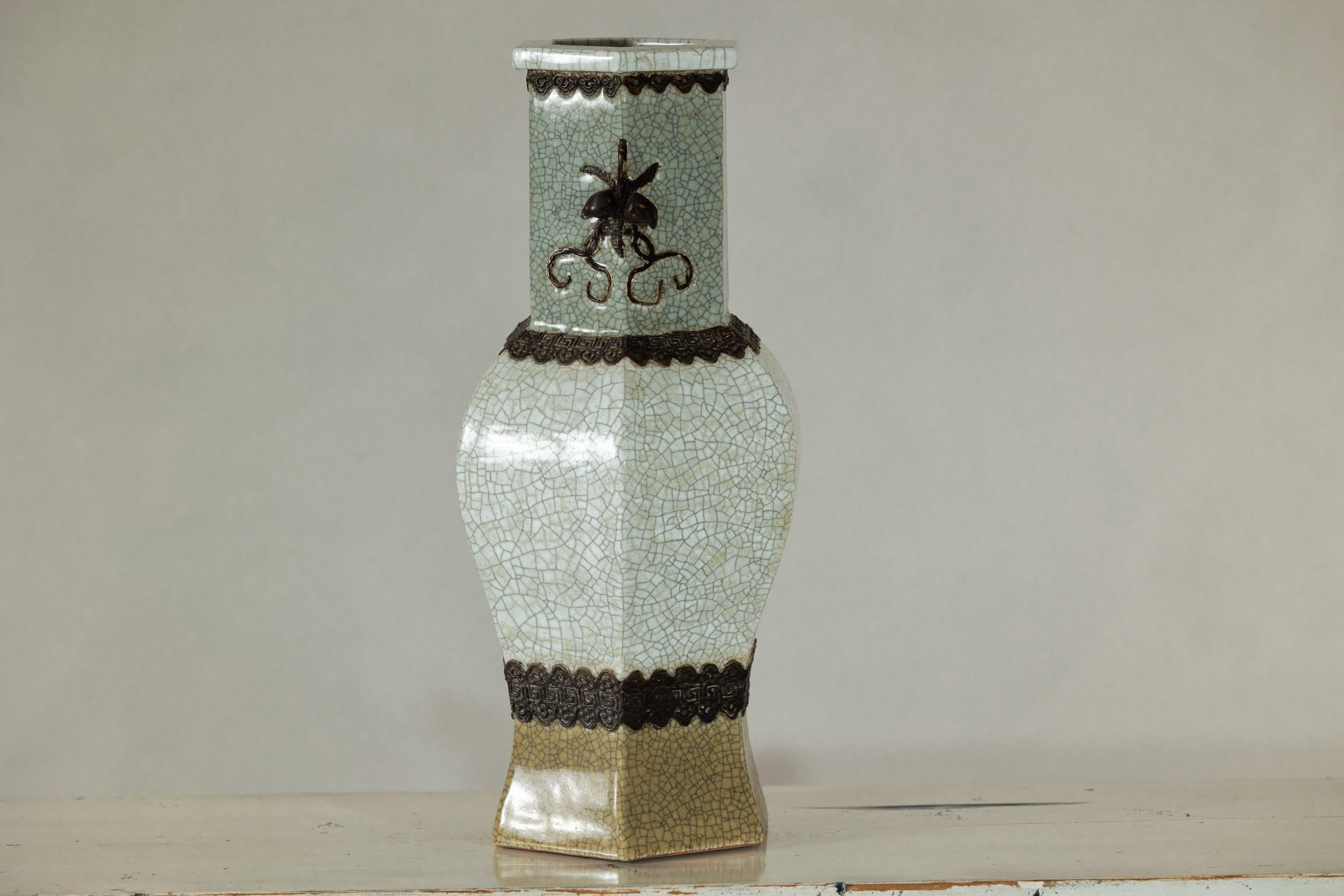Crackle Celadon Hexagonal Vase with Greek Key and Decorative Motifs For Sale 4