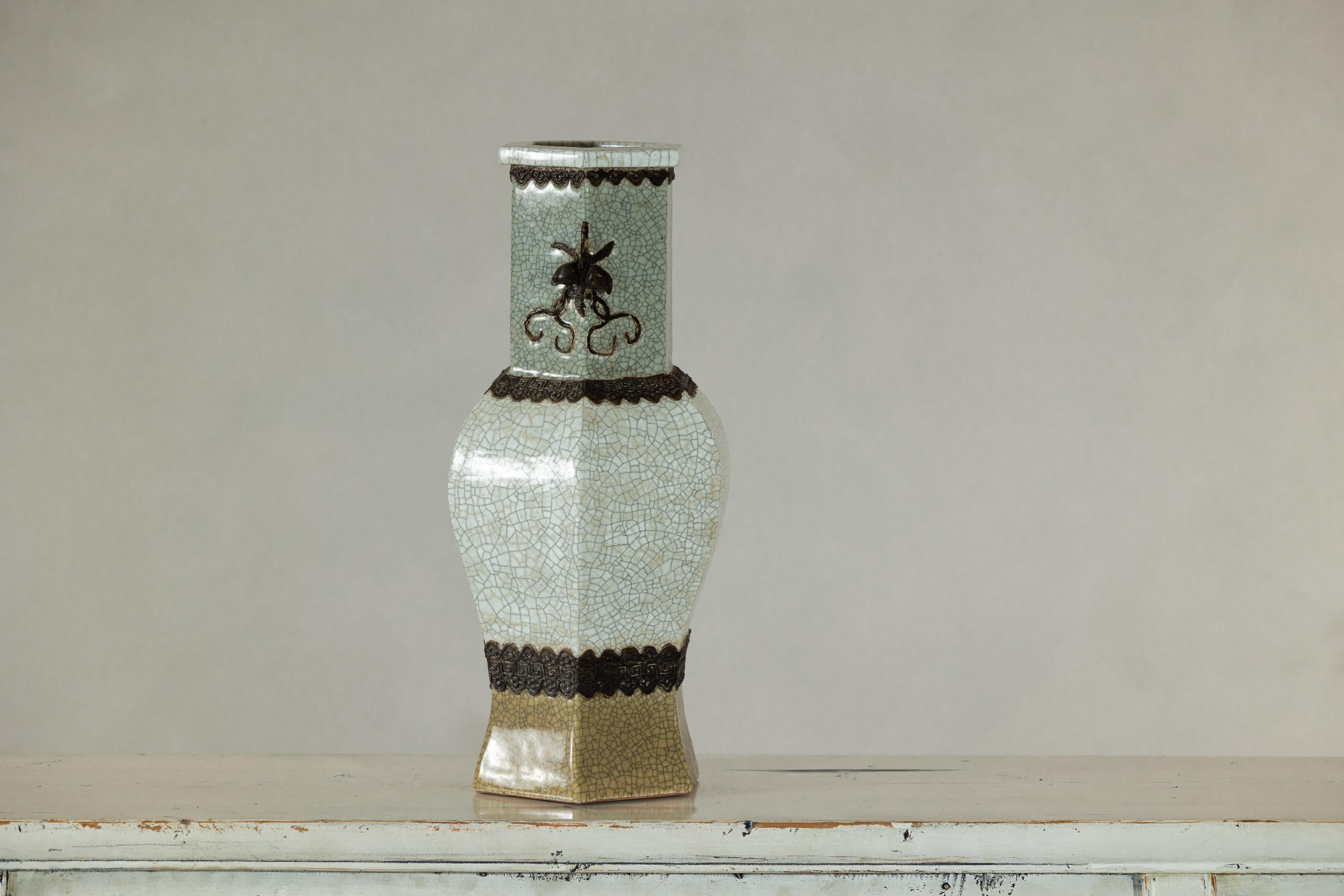 Crackle Celadon Hexagonal Vase with Greek Key and Decorative Motifs For Sale 5