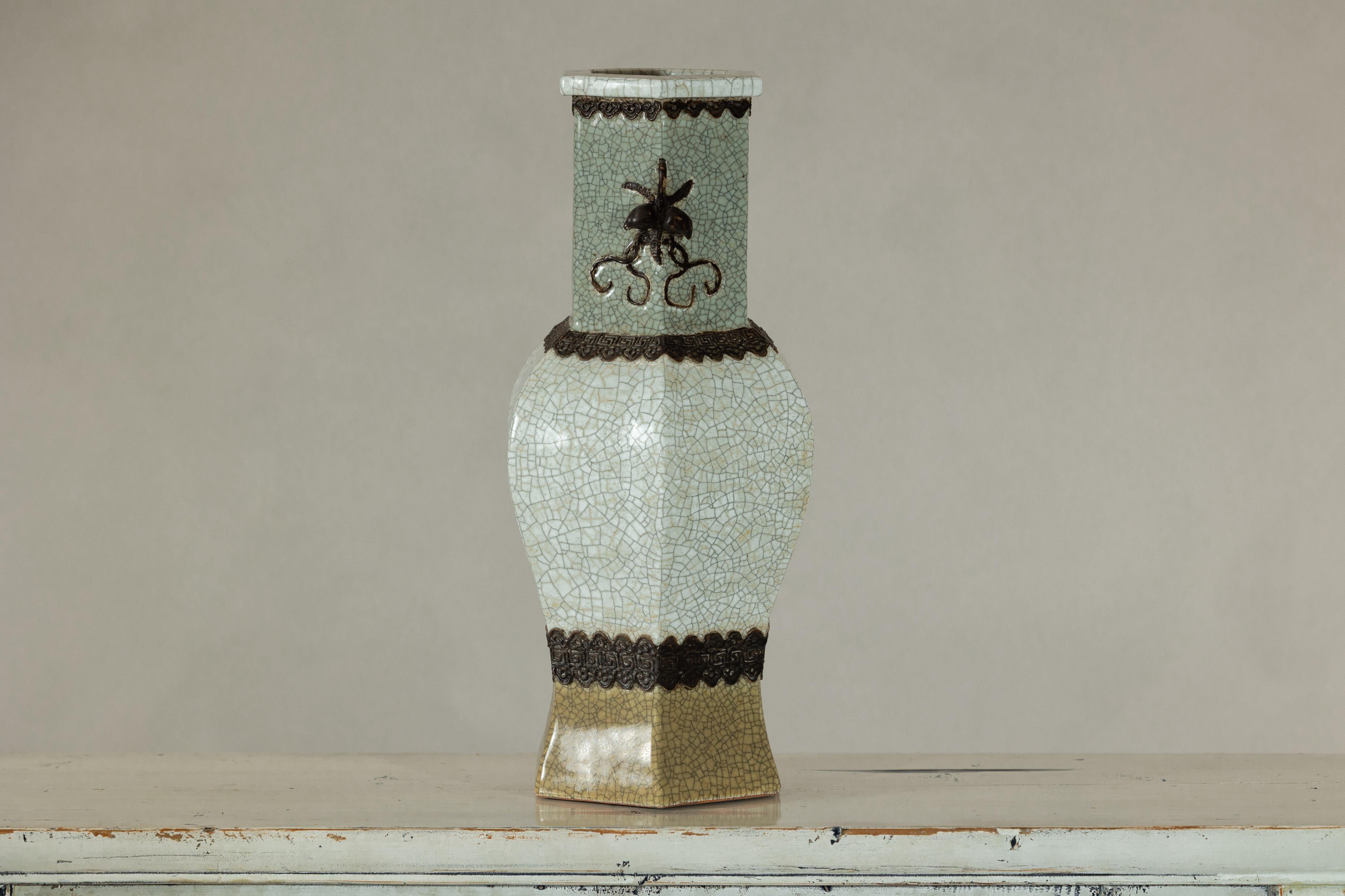 Crackle Celadon Hexagonal Vase with Greek Key and Decorative Motifs For Sale 6