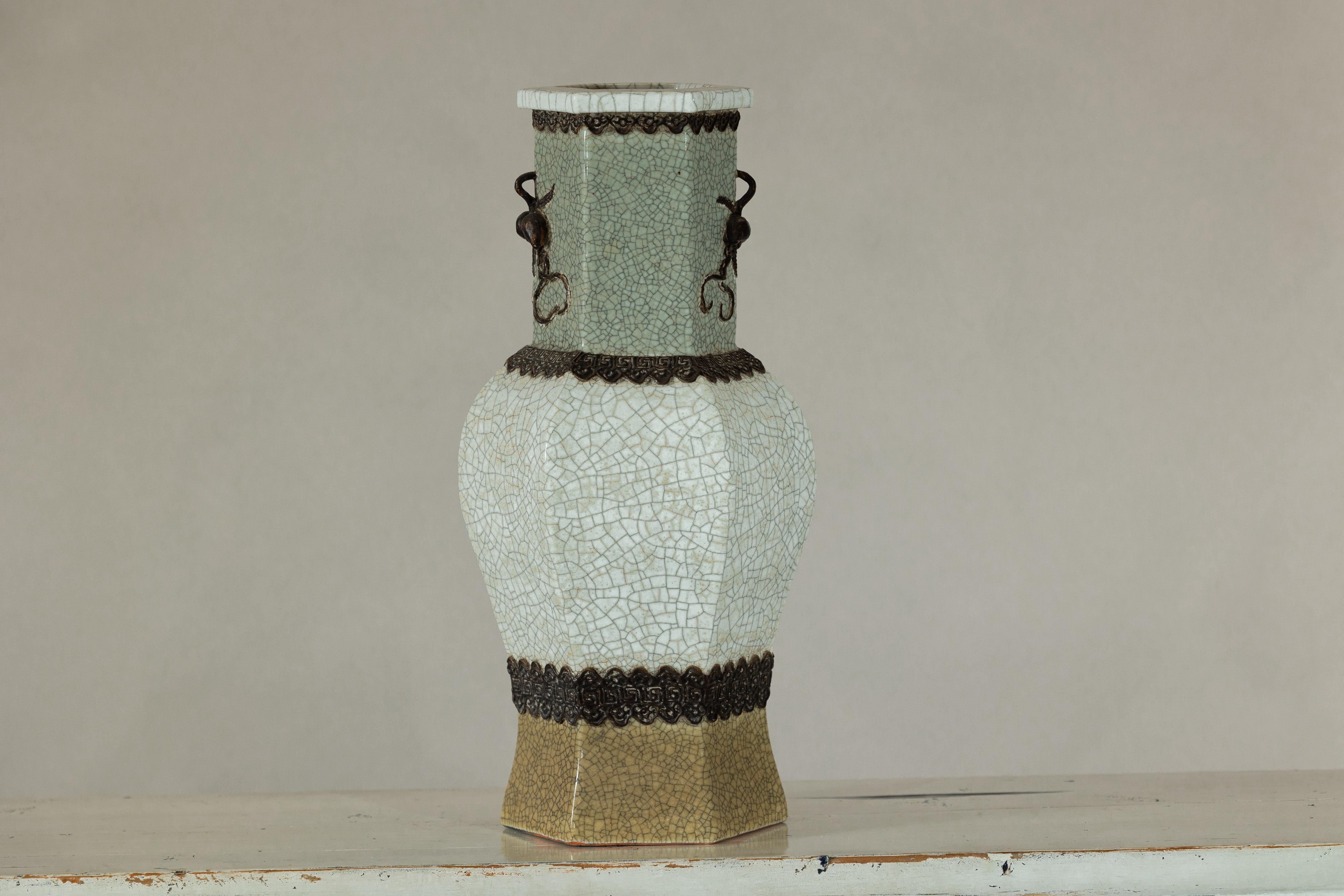Crackle Celadon Hexagonal Vase with Greek Key and Decorative Motifs For Sale 7