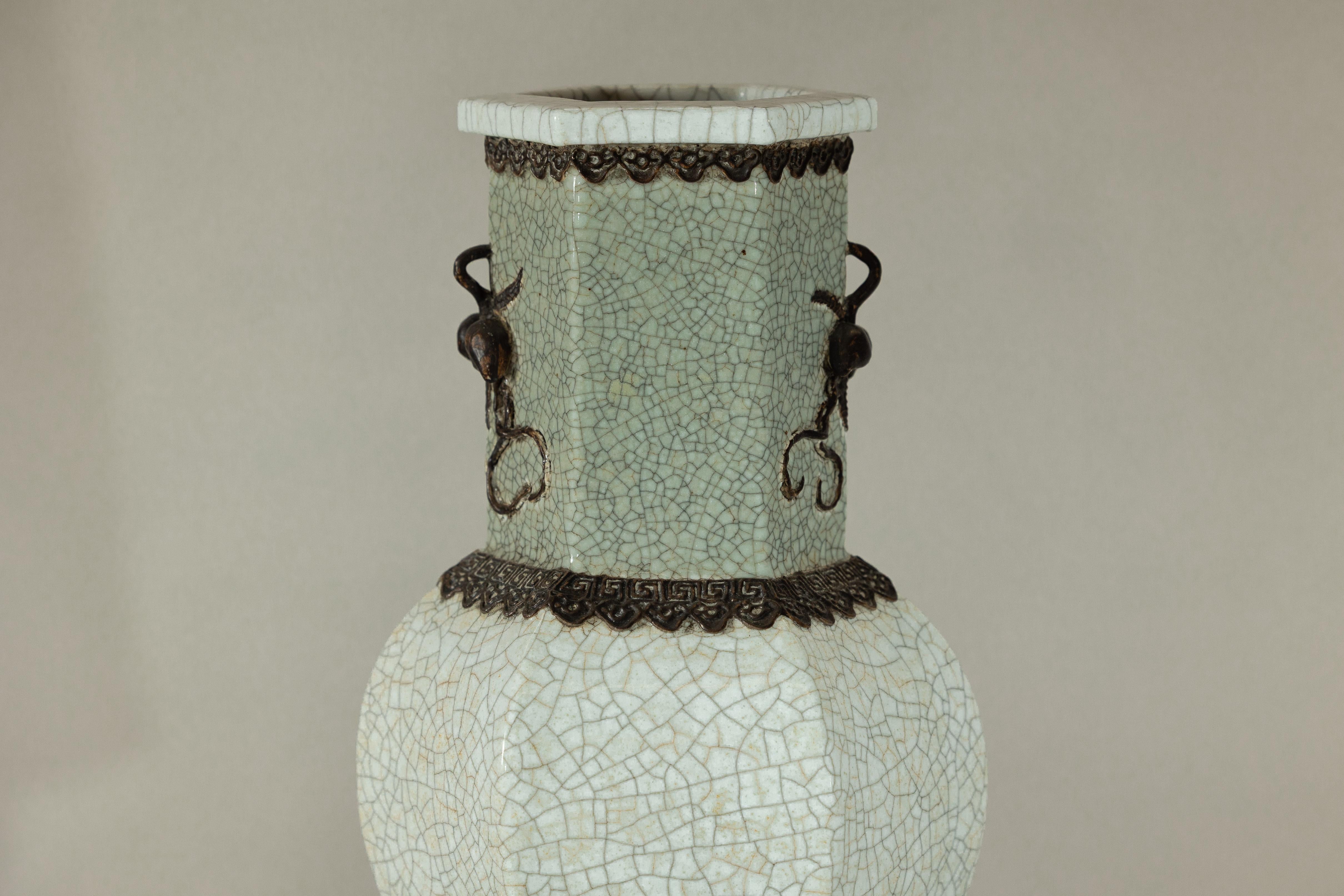 Crackle Celadon Hexagonal Vase with Greek Key and Decorative Motifs For Sale 8
