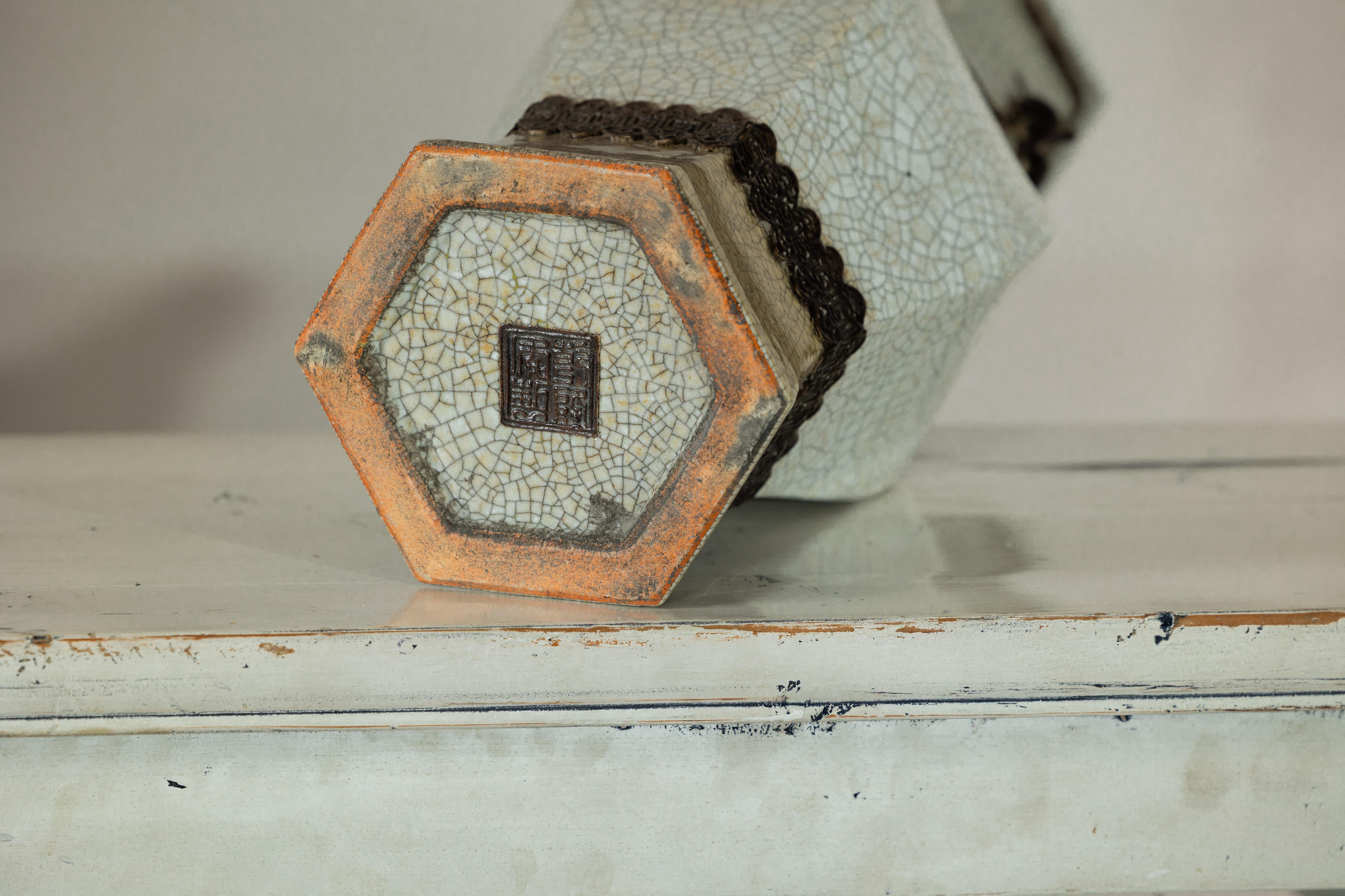 Crackle Celadon Hexagonal Vase with Greek Key and Decorative Motifs For Sale 10