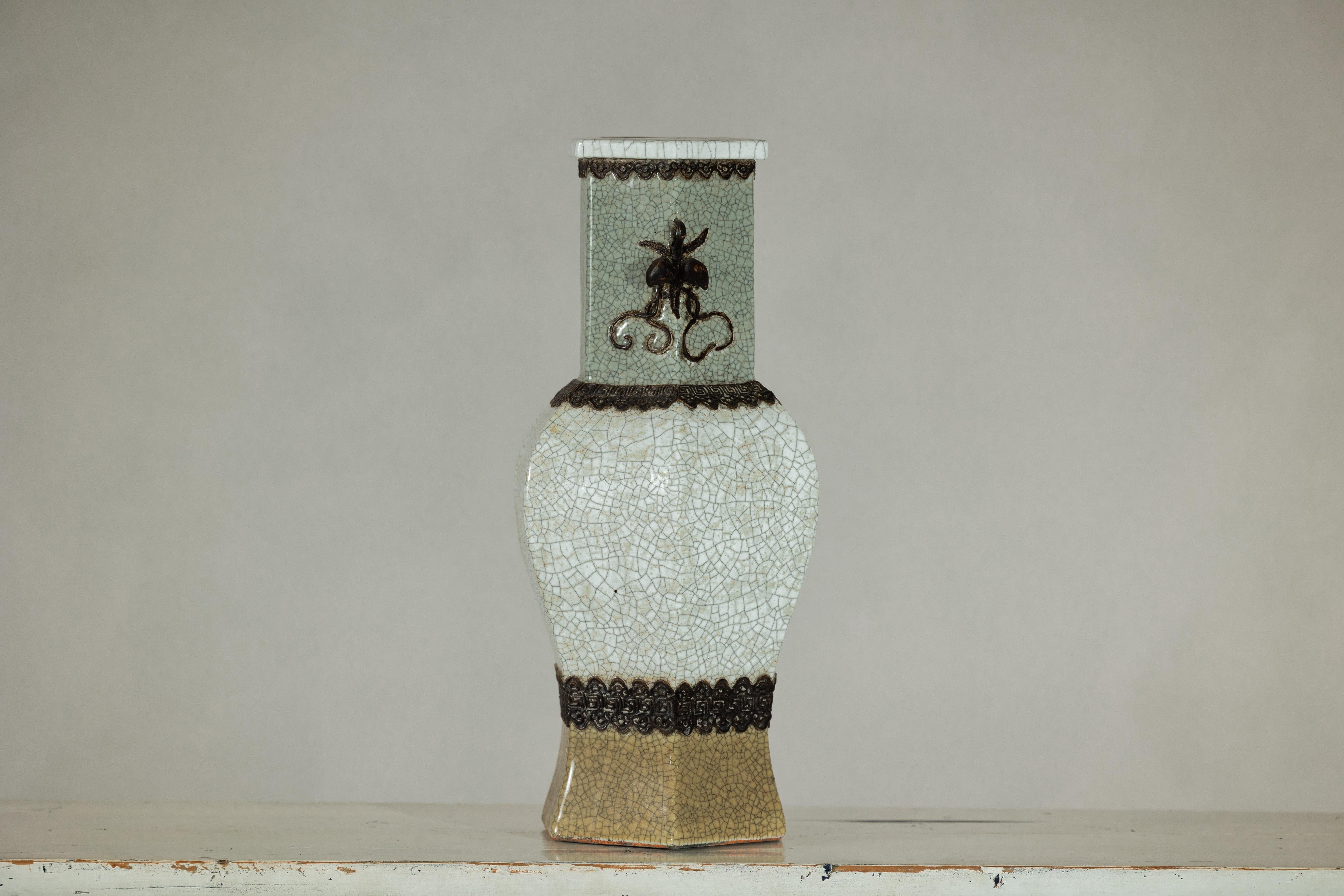 Crackle Celadon Hexagonal Vase with Greek Key and Decorative Motifs For Sale 11