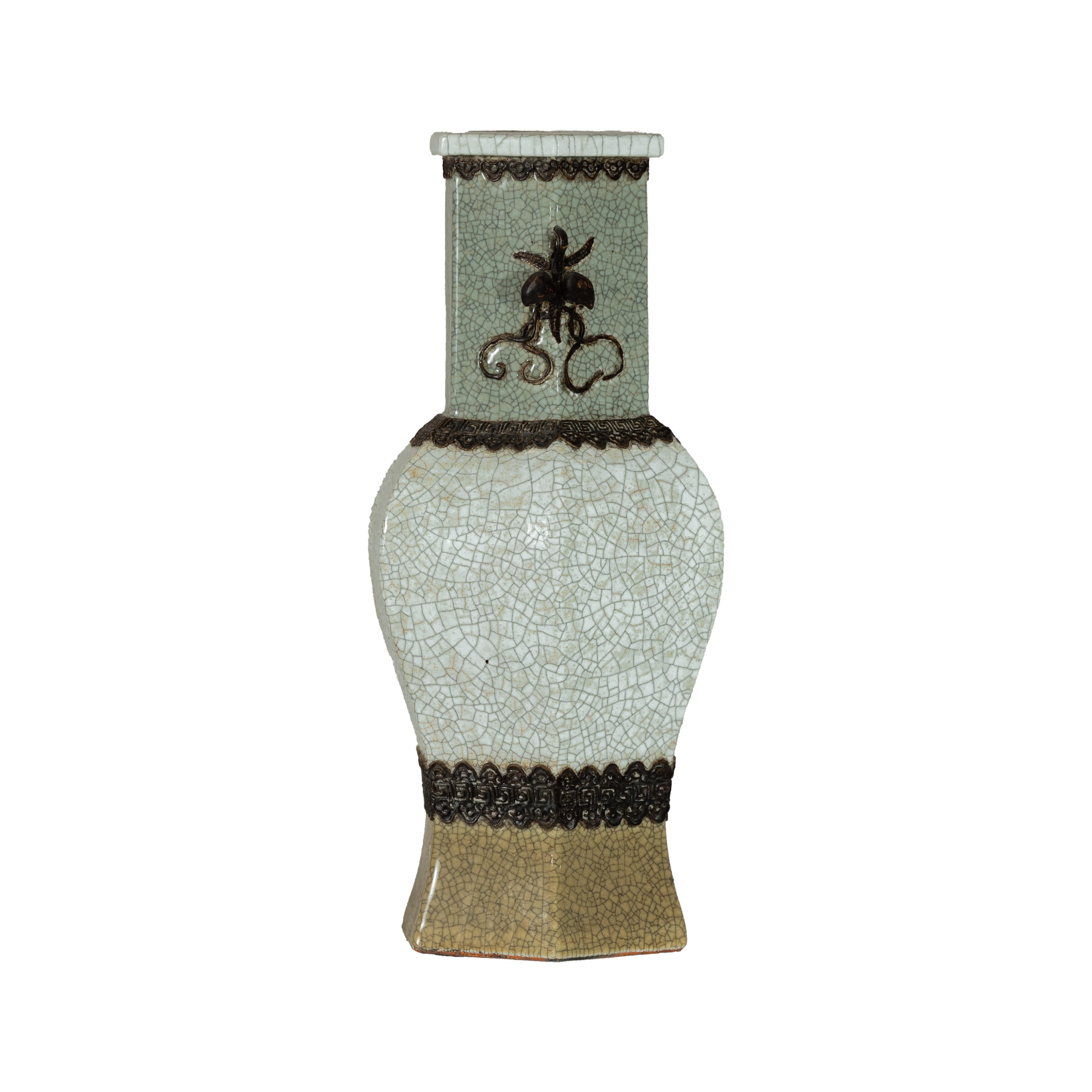 Crackle Celadon Hexagonal Vase with Greek Key and Decorative Motifs For Sale 12
