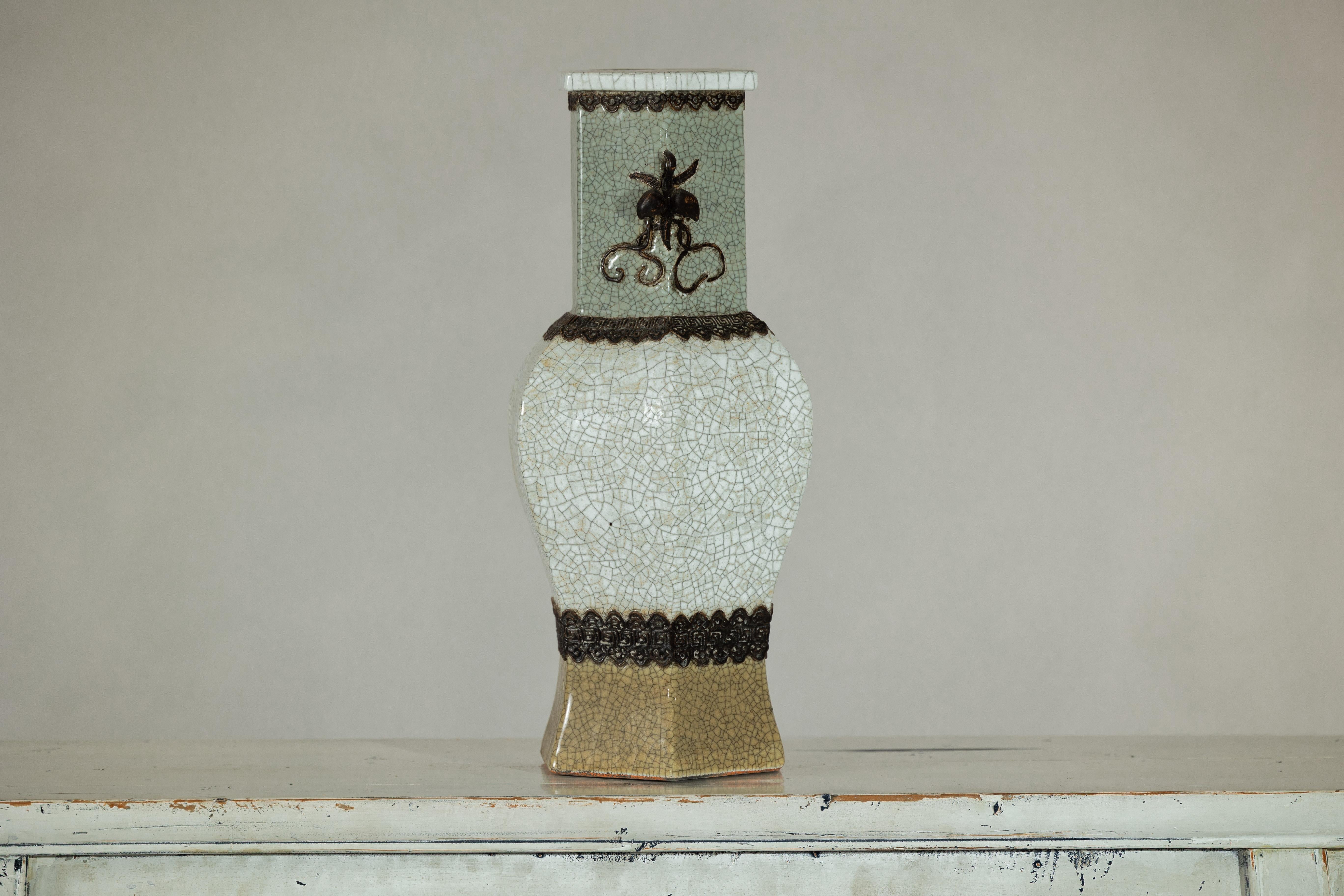 Chinese Crackle Celadon Hexagonal Vase with Greek Key and Decorative Motifs For Sale