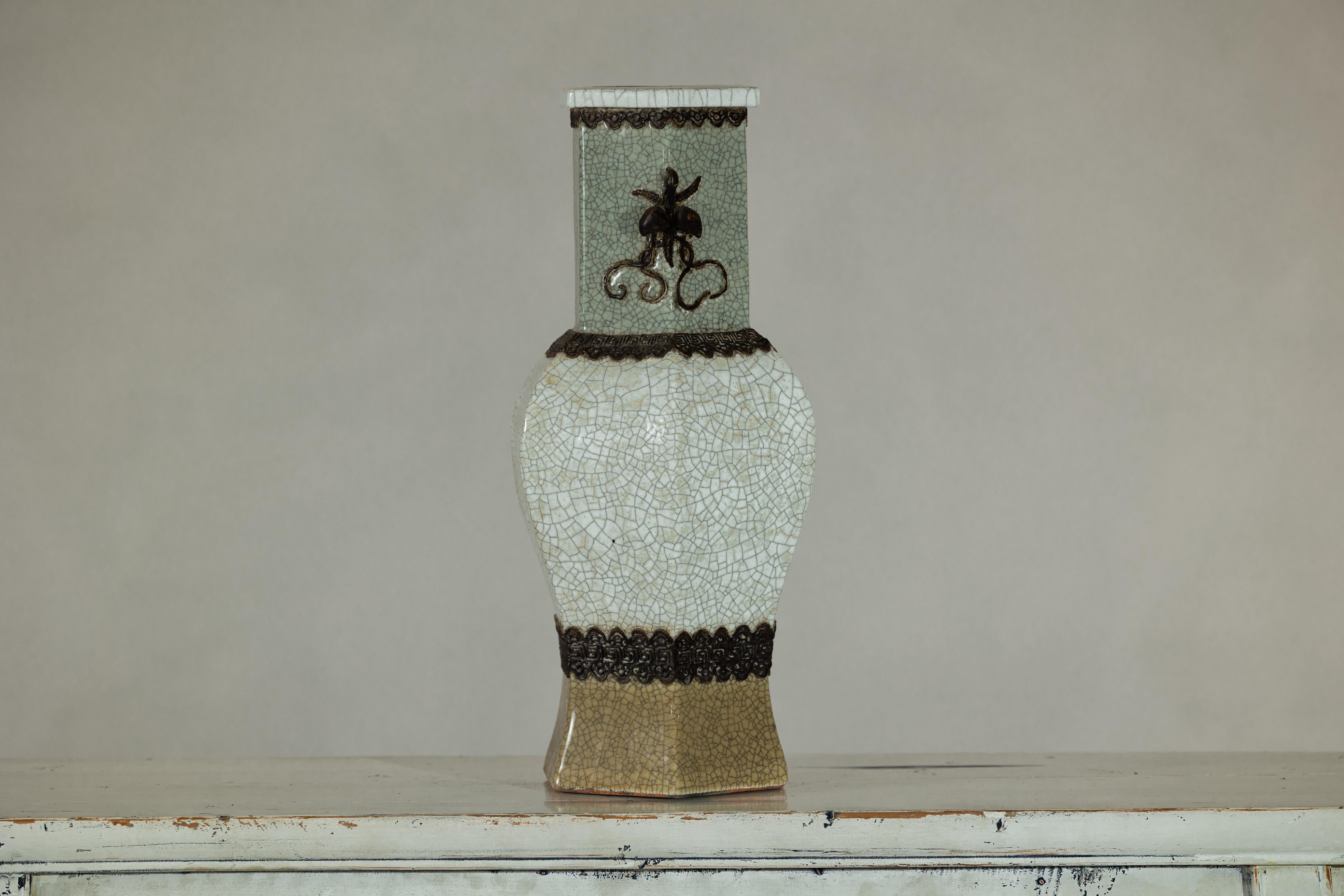 Glazed Crackle Celadon Hexagonal Vase with Greek Key and Decorative Motifs For Sale