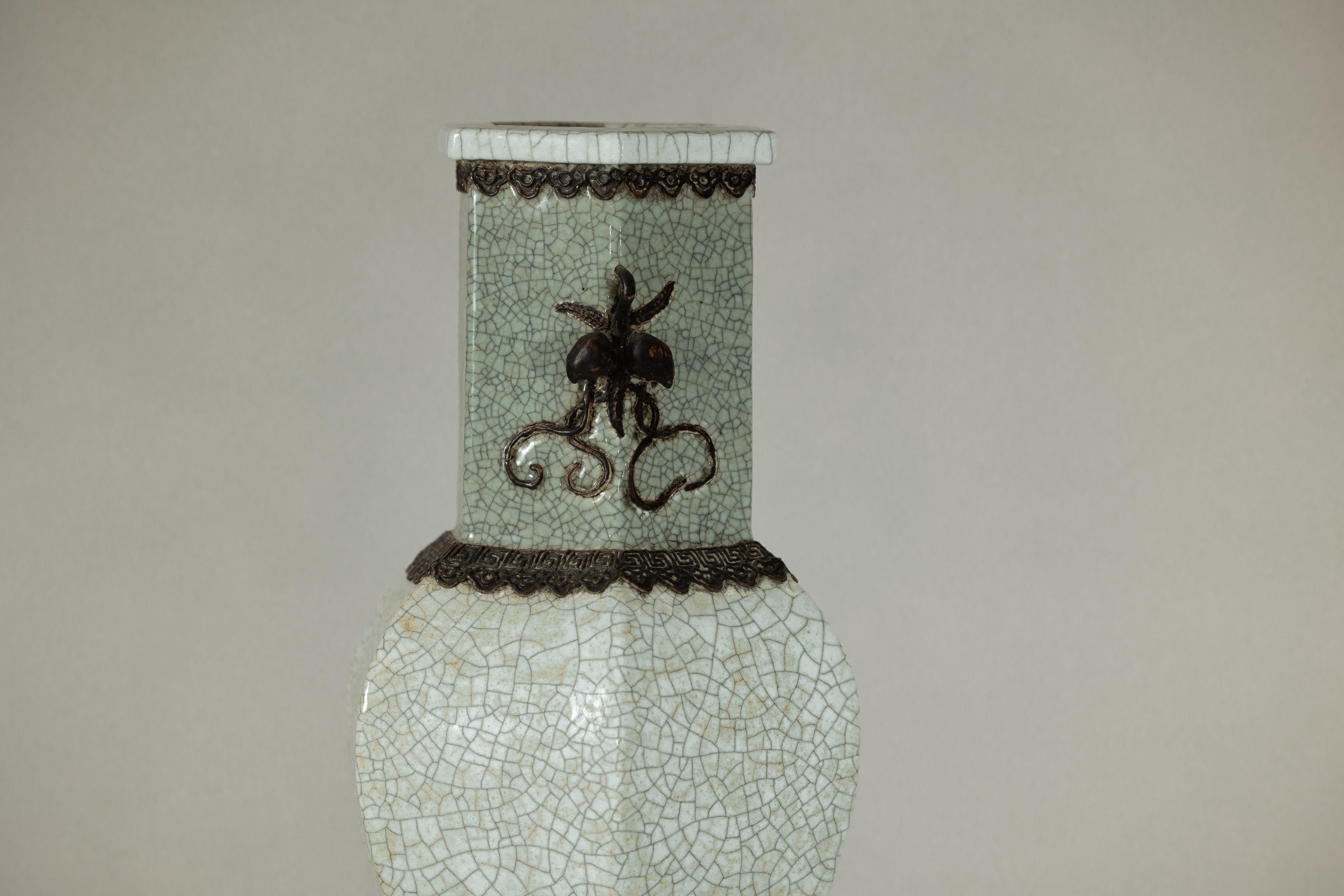 Crackle Celadon Hexagonal Vase with Greek Key and Decorative Motifs In Good Condition For Sale In Yonkers, NY