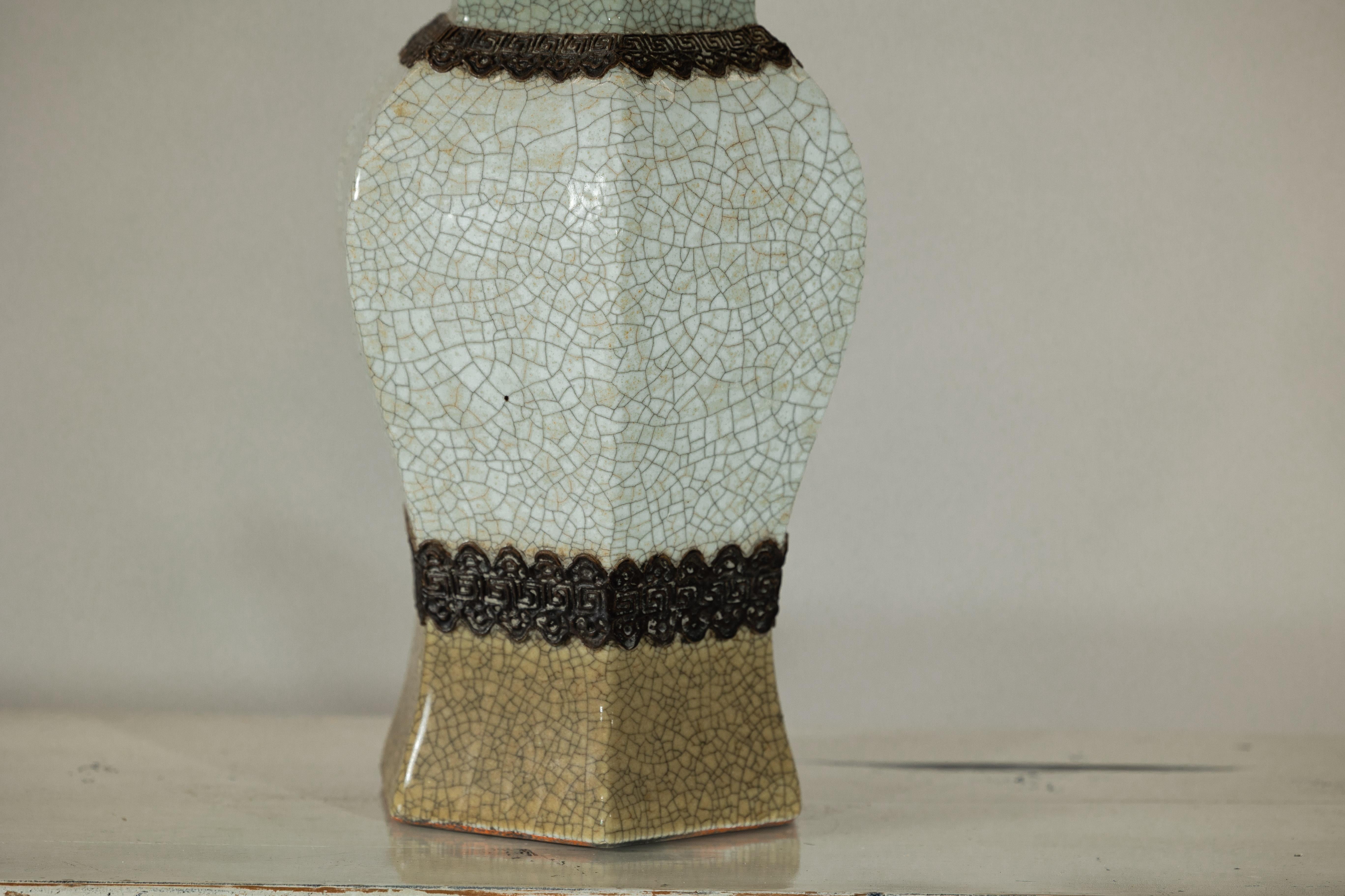 20th Century Crackle Celadon Hexagonal Vase with Greek Key and Decorative Motifs For Sale