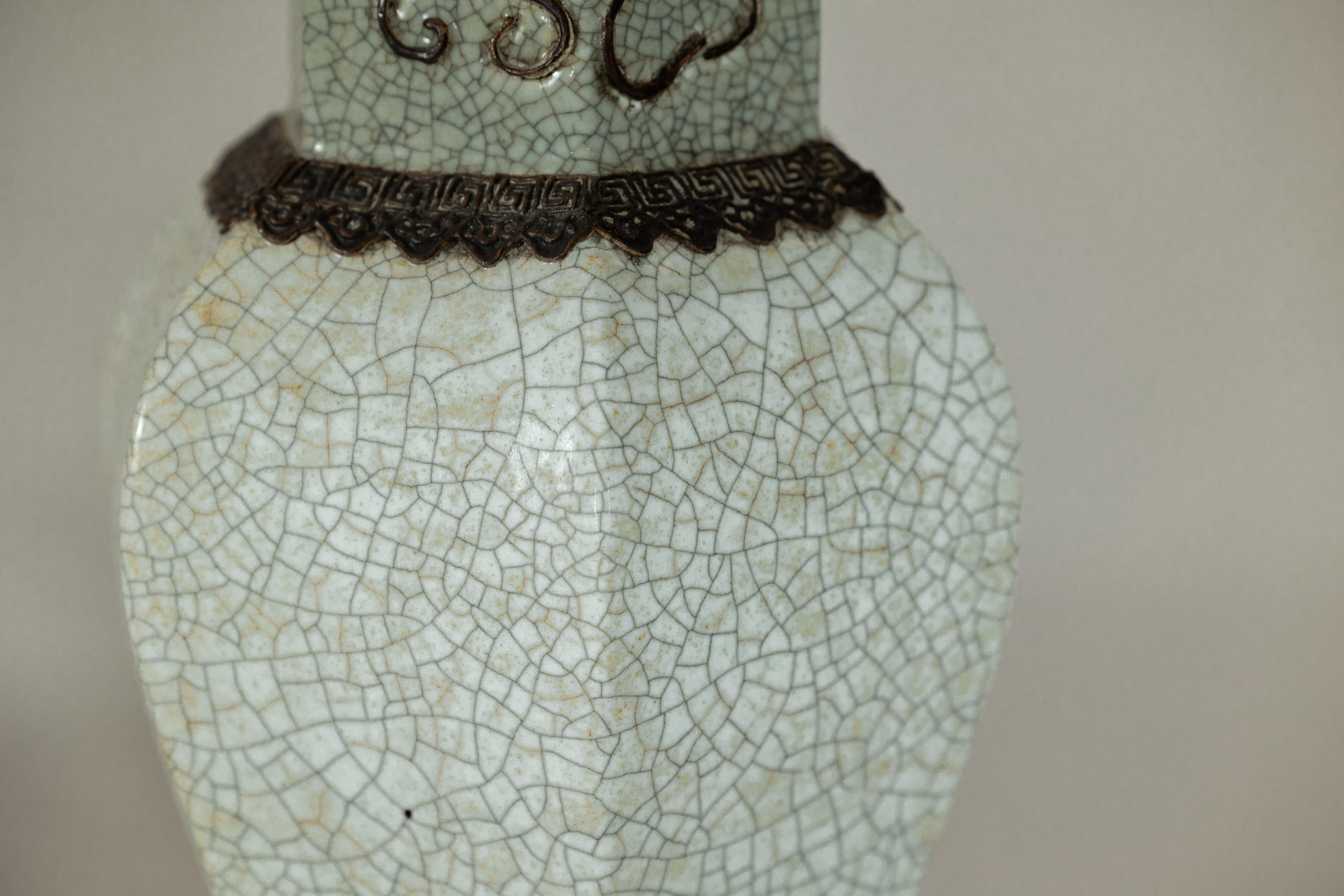 Ceramic Crackle Celadon Hexagonal Vase with Greek Key and Decorative Motifs For Sale
