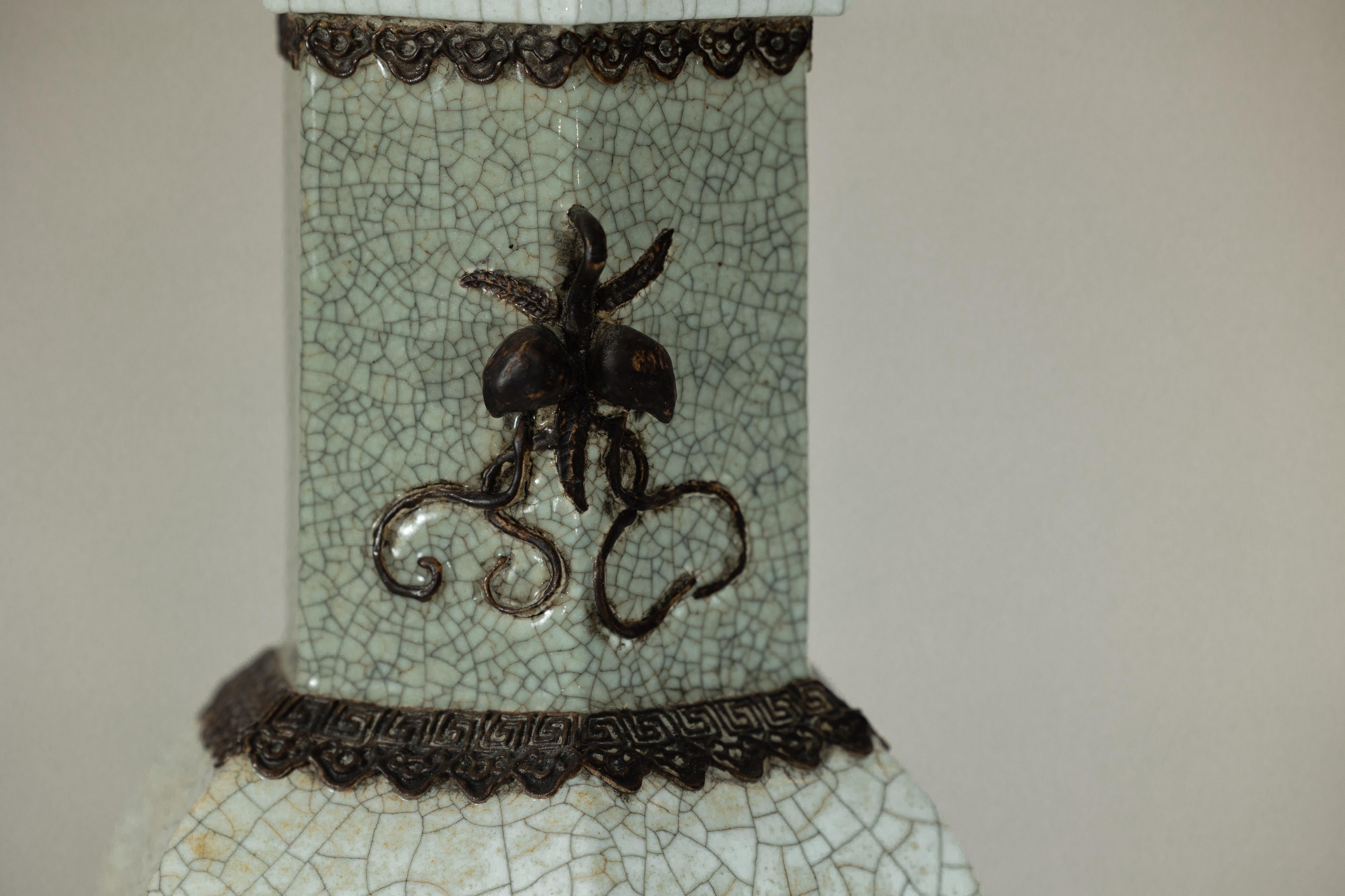 Crackle Celadon Hexagonal Vase with Greek Key and Decorative Motifs For Sale 1